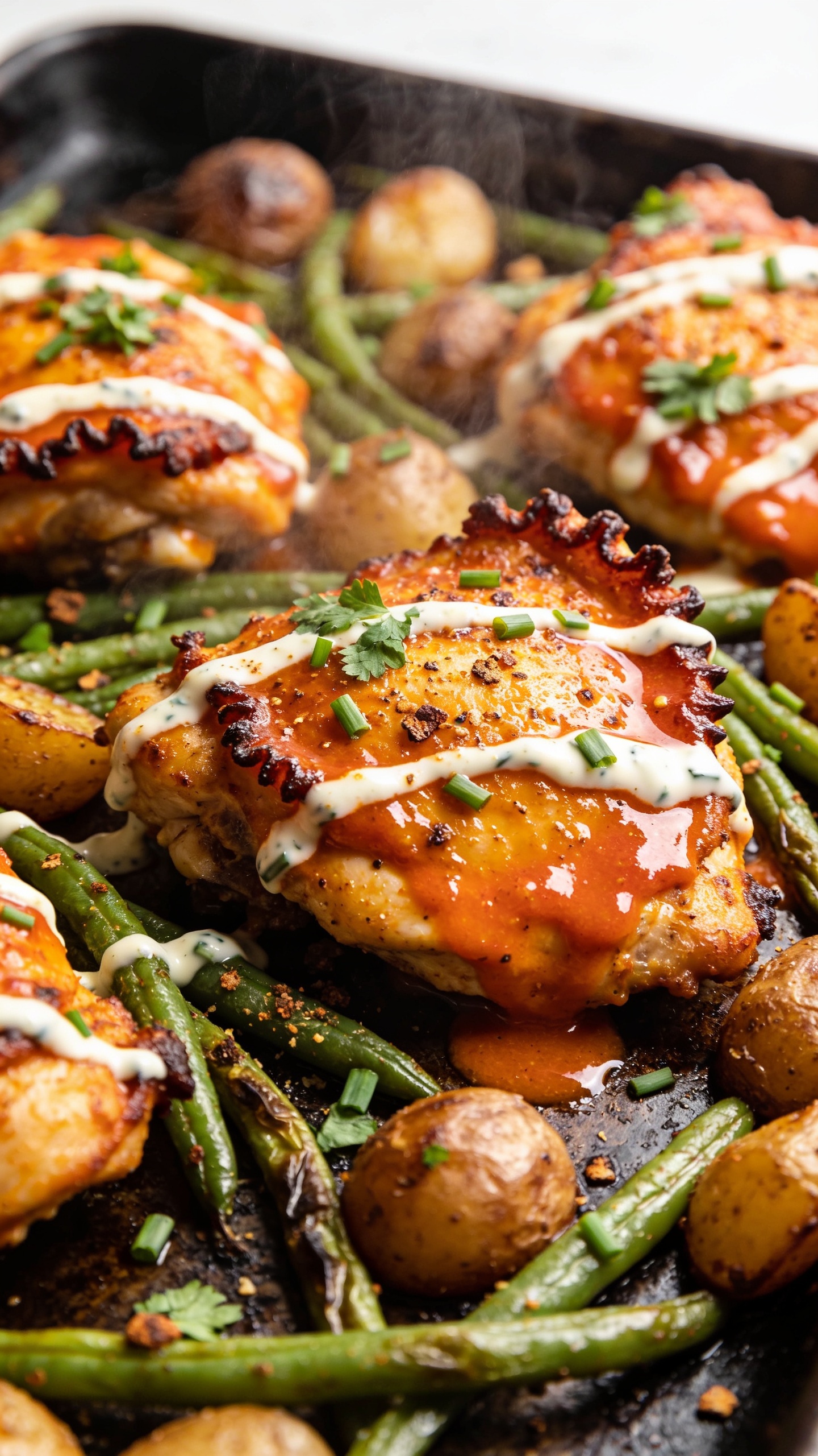 Extreme close-up hero image of One Pan Buffalo Ranch Chicken just out of the oven: golden-brown roasted chicken thighs with crispy, frilled edges glazed in glossy orange-red buffalo sauce, nestled among caramelized baby potatoes and blistered green beans on a dark, well-seasoned sheet pan. Flecks of ranch seasoning and browned bits cling to the chicken; a light drizzle of ranch dressing ribbons over the top and pools slightly in pan crevices. Steam rises subtly, fresh chopped chives and parsley sprinkled across for vibrant green contrast. Bright natural side lighting, shallow depth of field, food filling 90â95% of frame, premium food-blog styling with rich textures and high contrast.