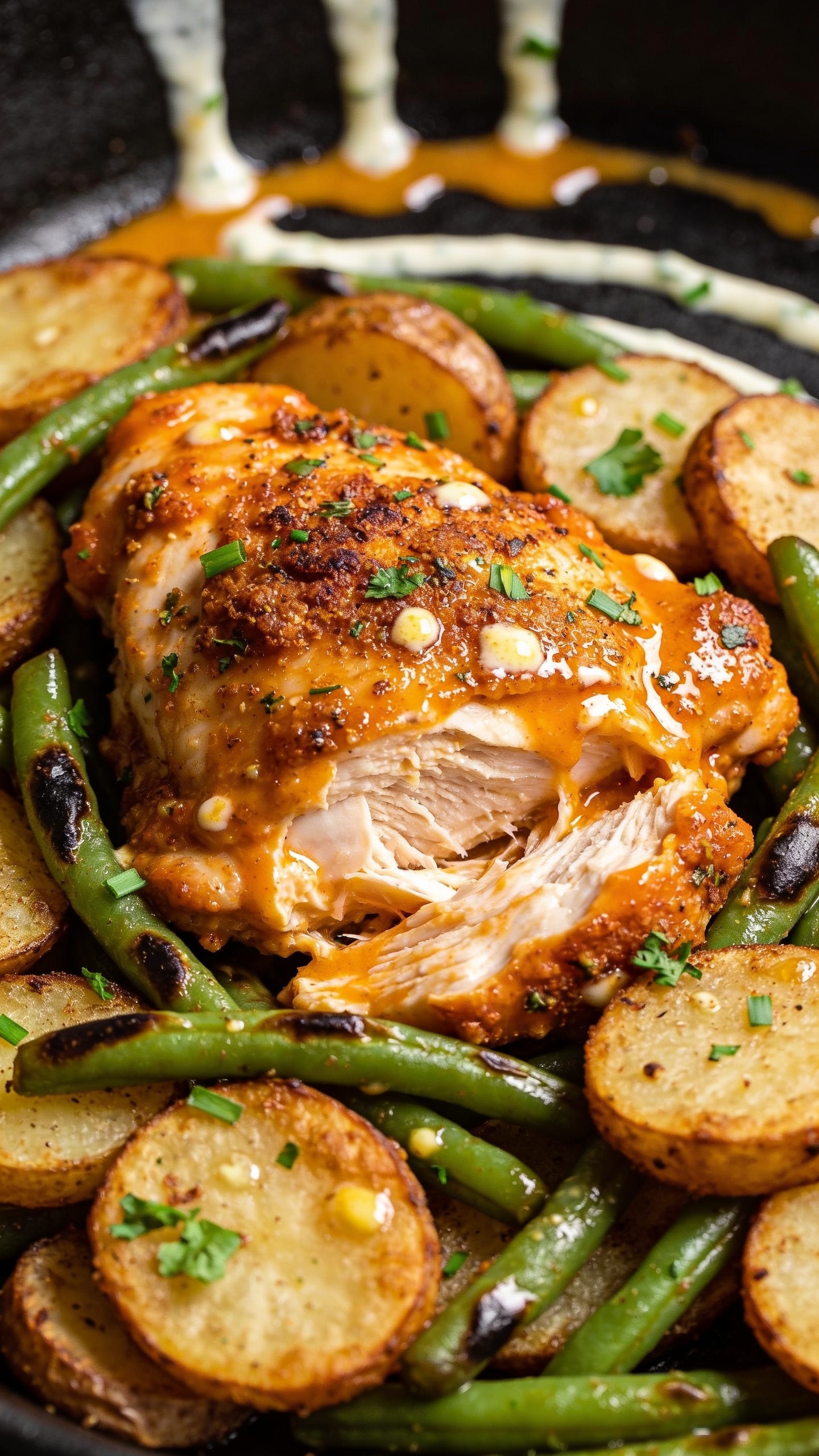 Macro close-up from a low angle focusing on texture: the same buffalo-ranch chicken thigh torn slightly to reveal ultra-juicy interior, glistening with sauce, surrounded tightly by crispy-edged potato coins and charred-tipped green beans. Visible browned ranch-herb crust, tiny butter-sheen highlights, and scattered fresh chives/parsley for pop. A light drizzle of ranch dressing zigzags in the background with sticky buffalo glaze pooling at the panâs edge. Bright natural lighting, shallow depth of field, food filling 90â95% of frame, cohesive with the hero image.