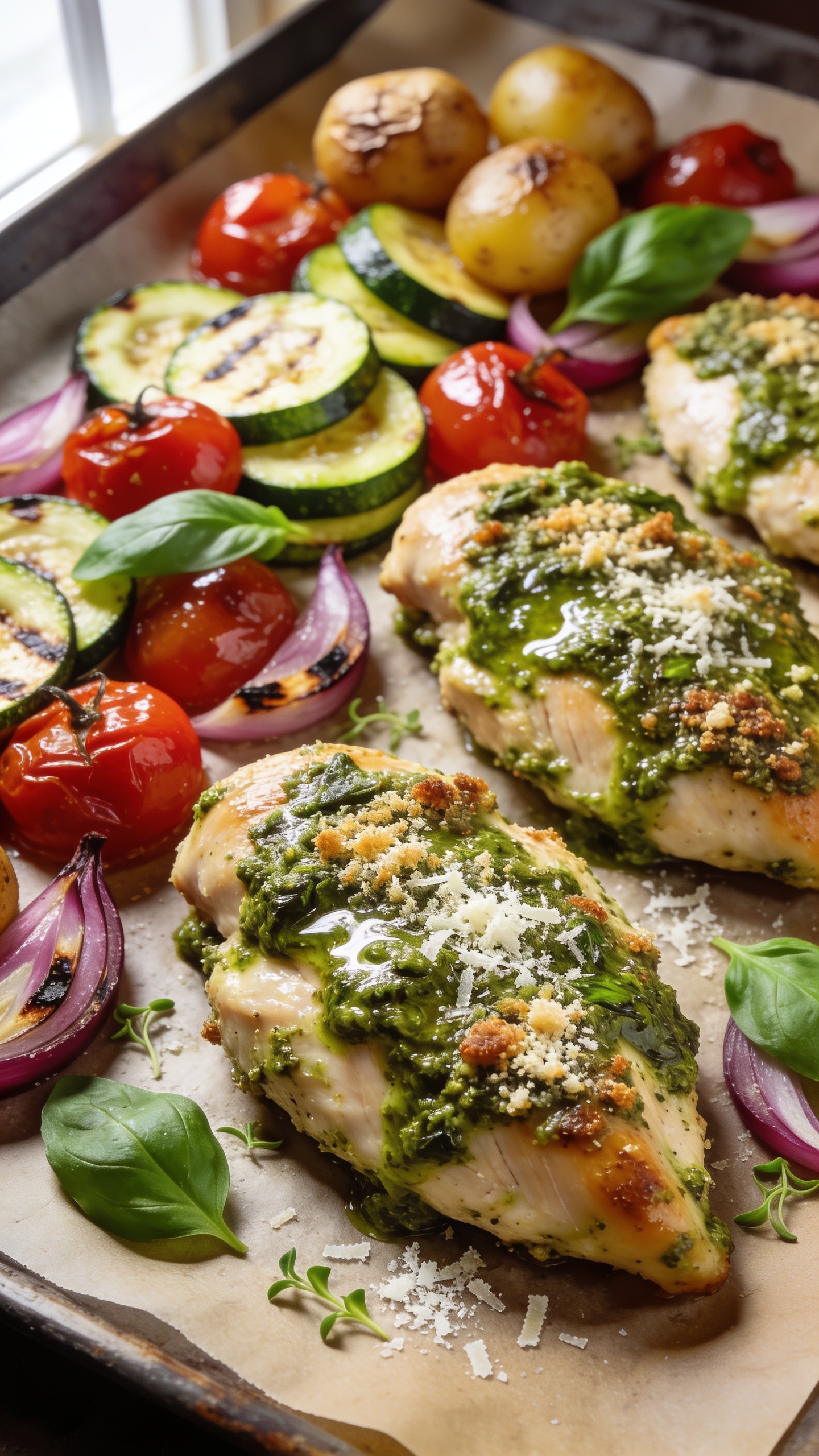 Ultra-close hero shot of One Pan Pesto Chicken & Roasted Vegetables on a parchment-lined sheet pan: juicy boneless chicken breasts coated in glossy basil pesto with a lightly browned, Parmesan-speckled crust; caramelized cherry tomatoes burst and glistening, tender-crisp zucchini half-moons, thin red onion wedges with charred edges, and golden baby potatoes with crackly skins; a few fresh basil leaves scattered and a light dusting of micro-grated Parmesan; bright natural window light from the left, shallow depth of field isolating the pesto-crusted chicken in the foreground, vibrant greens and reds popping, minimal rustic backdrop, food filling 90â95% of the frame, premium food-blog styling.