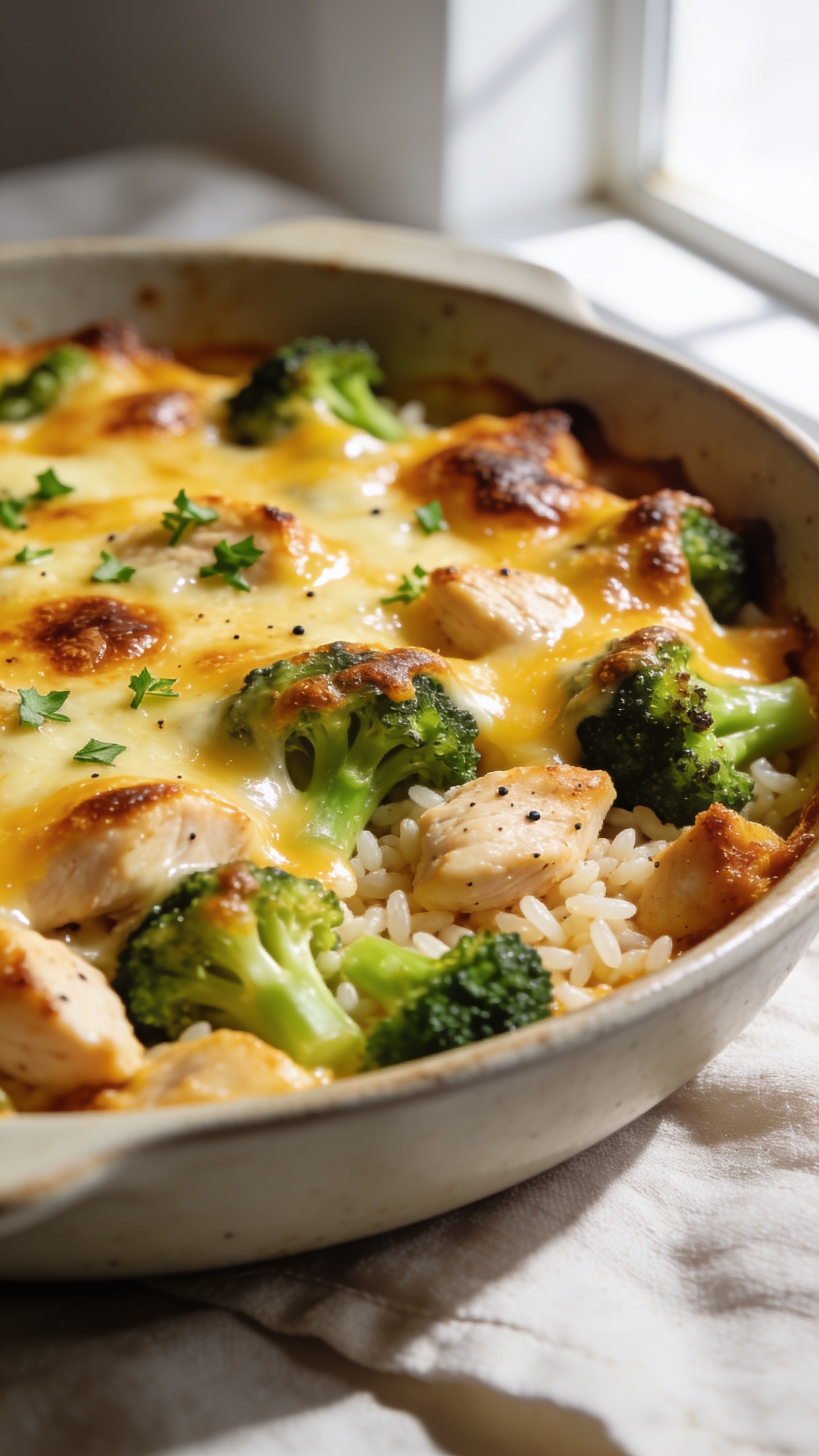 Ultra-close-up hero shot of a one-pan cheesy chicken and broccoli bake just out of the oven: golden, bubbly cheddar and mozzarella blanket with caramelized crispy edges, tender bite-sized chicken pieces nestled among bright green broccoli florets, creamy rice peeking through glossy melted cheese; minimal garnish of finely chopped parsley scattered lightly; shallow depth of field with the front corner of the casserole in sharp focus showing browned cheese blisters and flecks of black pepper; bright natural window light from the side, soft shadows, neutral matte baking dish on a light linen, no text, no hands, food filling 90–95% of the frame.