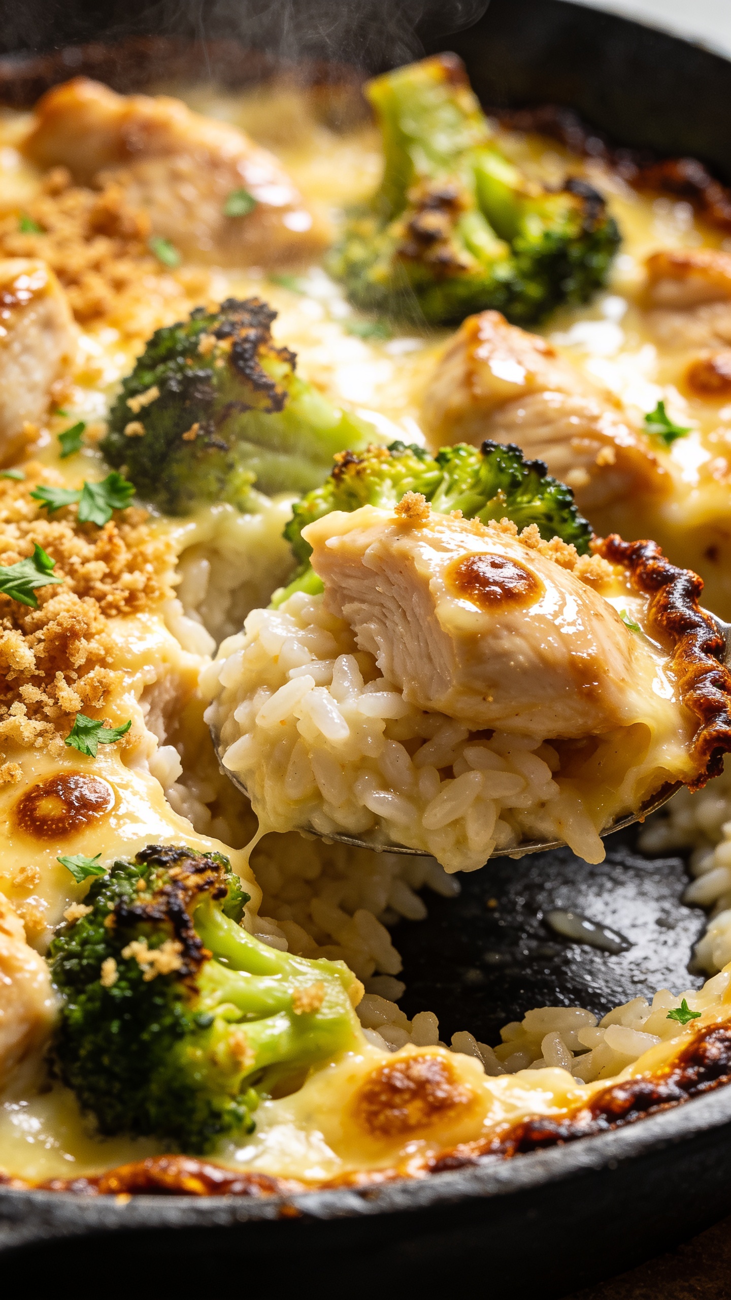 Macro angle from the opposite corner of the same pan: cheesy chicken and broccoli bake scooped slightly to reveal creamy, tender rice underneath, browned cheese crust with crunchy edges and little cheese blisters, juicy chicken pieces glistening, broccoli vibrant and just-tender with a light char kiss; a few toasted breadcrumbs and parsley flecks on top for texture; bright side lighting emphasizing gloss and steam, shallow depth of field focusing on the scooped area and caramelized rim of the dish; clean, premium food-blog styling, food filling 90–95% of the frame.