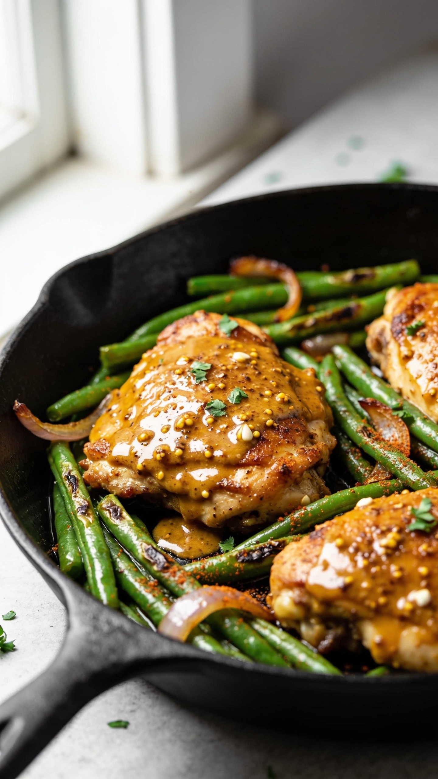 Extreme close-up hero shot of One Pan Honey Mustard Chicken & Green Beans in a black cast-iron skillet, 90â95% food filling the frame. Golden-brown chicken thighs, lacquered with a glossy honey-Dijon and whole-grain mustard glaze, speckled with visible mustard seeds and tiny minced garlic. Bright, tender-crisp green beans nestled around the chicken with lightly blistered, roasty edges and a few caramelized onion slivers. A whisper of smoked paprika dusting and a final scatter of chopped fresh parsley. Natural window light from the left, soft shadows, shallow depth of field focused on the glistening chicken skin and sauce pooling in the skillet divots. No text, no hands, premium food-blog style.