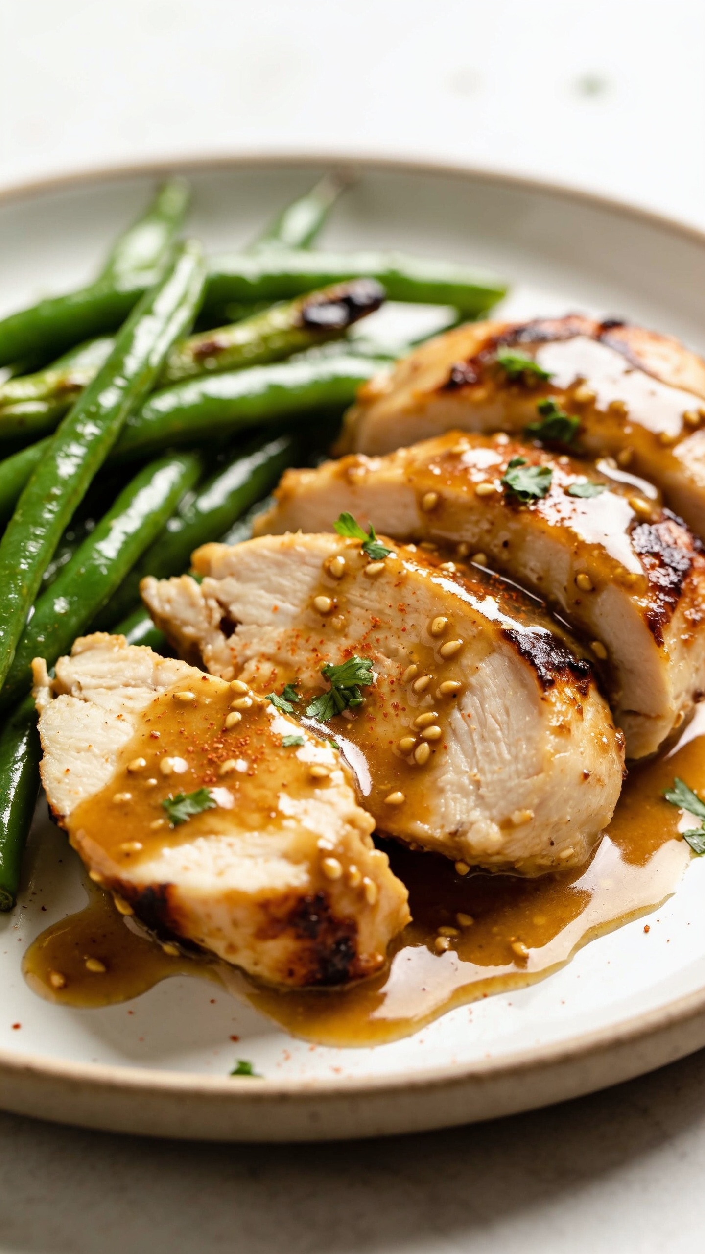 Macro detail close-up from a low 45-degree angle of the plated finished dish that matches the skillet hero: sliced chicken thigh piece showing moist interior and crisped, caramelized edges, drenched in glossy honey-Dijon-whole-grain mustard glaze with micro pools of sauce collecting along the plate rim. Green beans stacked alongside, vibrant and squeaky-shiny with lightly charred tips. Finishing flecks of fresh parsley and a faint paprika tint across the glaze. Bright natural light, shallow depth of field with tack-sharp focus on the sauce sheen and mustard seeds; background falls into soft blur. No text, no hands, cohesive with the same recipe styling.