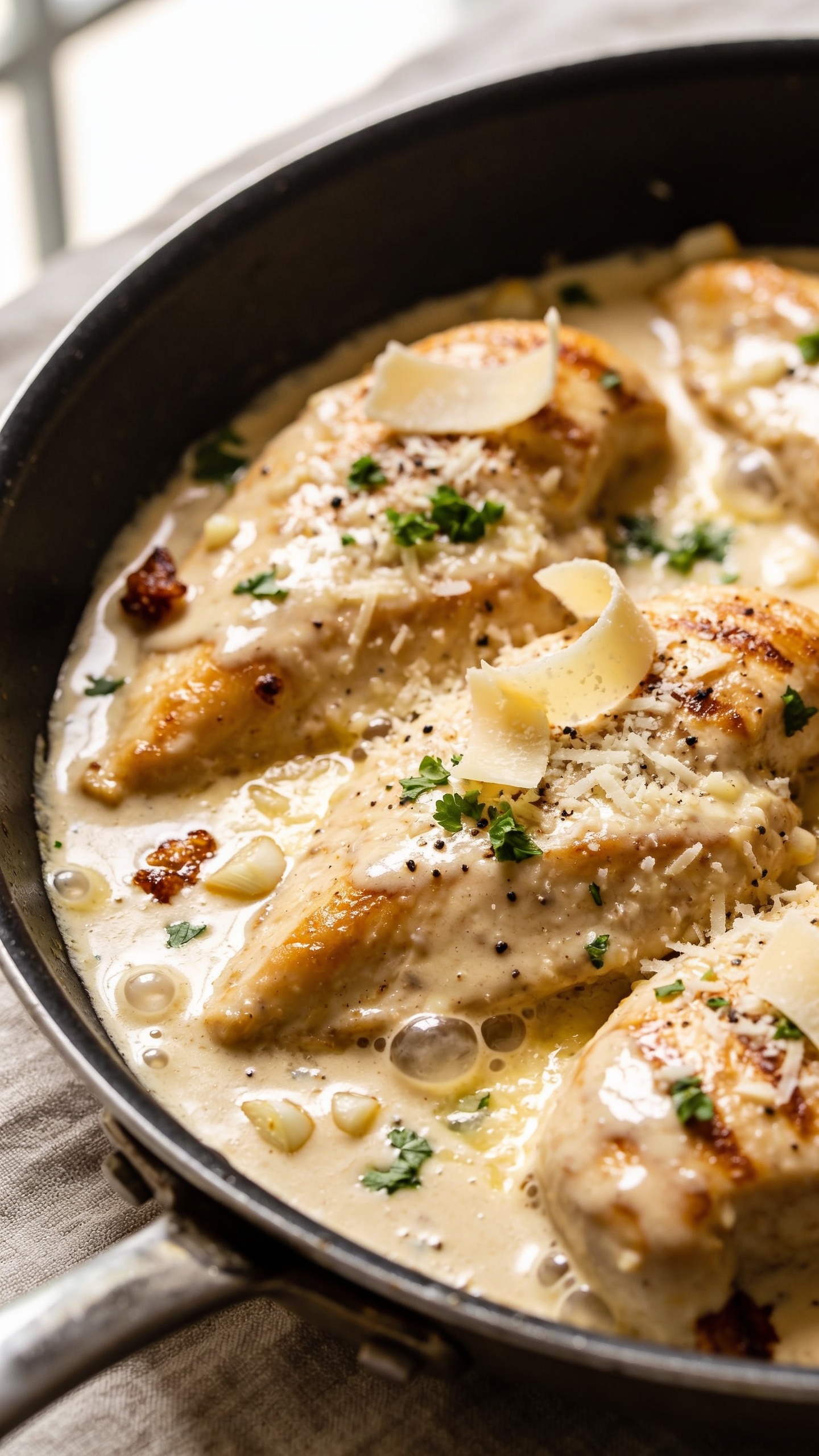 Ultra-close hero shot of One Pan Creamy Garlic Parmesan Chicken: golden seared chicken breasts nestled in a shallow skillet, smothered in a glossy, velvety garlic-Parmesan cream sauce with visible minced garlic and tiny bubbles at the edges; finely grated Parmesan melting into the sauce with a few shaved curls on top; a sprinkle of fresh chopped parsley and cracked black pepper for contrast; a few caramelized brown bits clinging to the chicken and pan for depth; bright natural window light from the left, soft shadows, shallow depth of field isolating the chicken and sauce; 90–95% of the frame filled with the skillet and saucy chicken; premium food-blog styling with a neutral linen barely peeking in the background; no text on image.