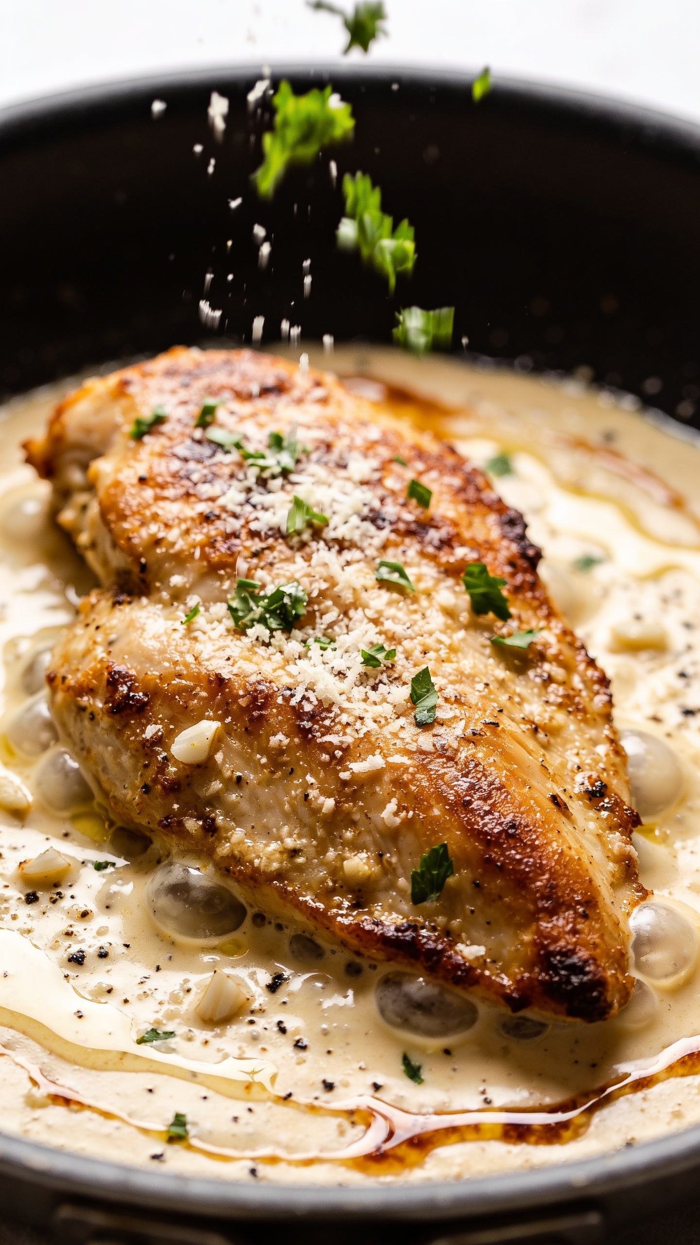 Extreme close-up from a low angle of the same finished chicken in the skillet: focus on one breast with browned, slightly crispy edges and a luscious, creamy garlic-Parmesan sauce pooling around it; visible specks of black pepper and minced garlic, with a light dusting of freshly grated Parmesan and a sprinkle of chopped parsley falling mid-air onto the chicken; a few glossy sauce ripples and caramelized fond streaks in the pan; bright natural light, shallow depth of field, rich textures and vibrant color, 90–95% of the frame filled with food; cohesive with the hero image styling; no text on image.
