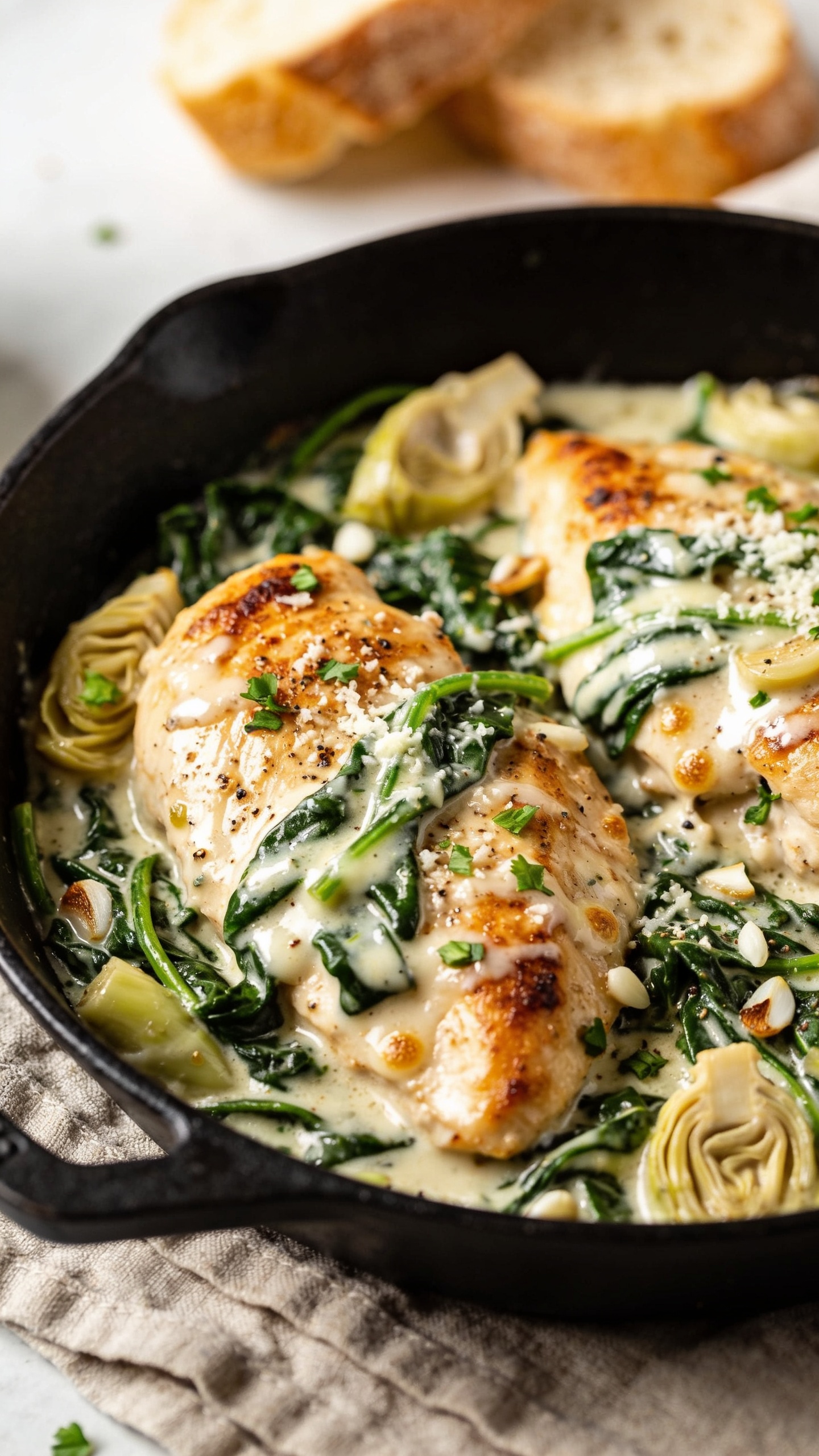 Ultra close-up hero shot of One Pan Spinach Artichoke Chicken in a black cast-iron skillet: golden seared chicken breasts nestled in a glossy, creamy spinachâartichoke sauce with melted parmesan and mozzarella swirled in, wilted emerald spinach ribbons, tender artichoke hearts, flecks of garlic and cracked pepper, and a final sprinkle of freshly chopped parsley. Sauce clings to the chicken with subtle cheese sheen and light browned bubbles at the edges. Bright natural side lighting, shallow depth of field, soft bokeh in the background with a hint of rustic linen and crusty bread out of focus. Food fills 90â95% of frame, top-down three-quarter angle capturing juicy textures, creamy swirls, and caramelized edges.