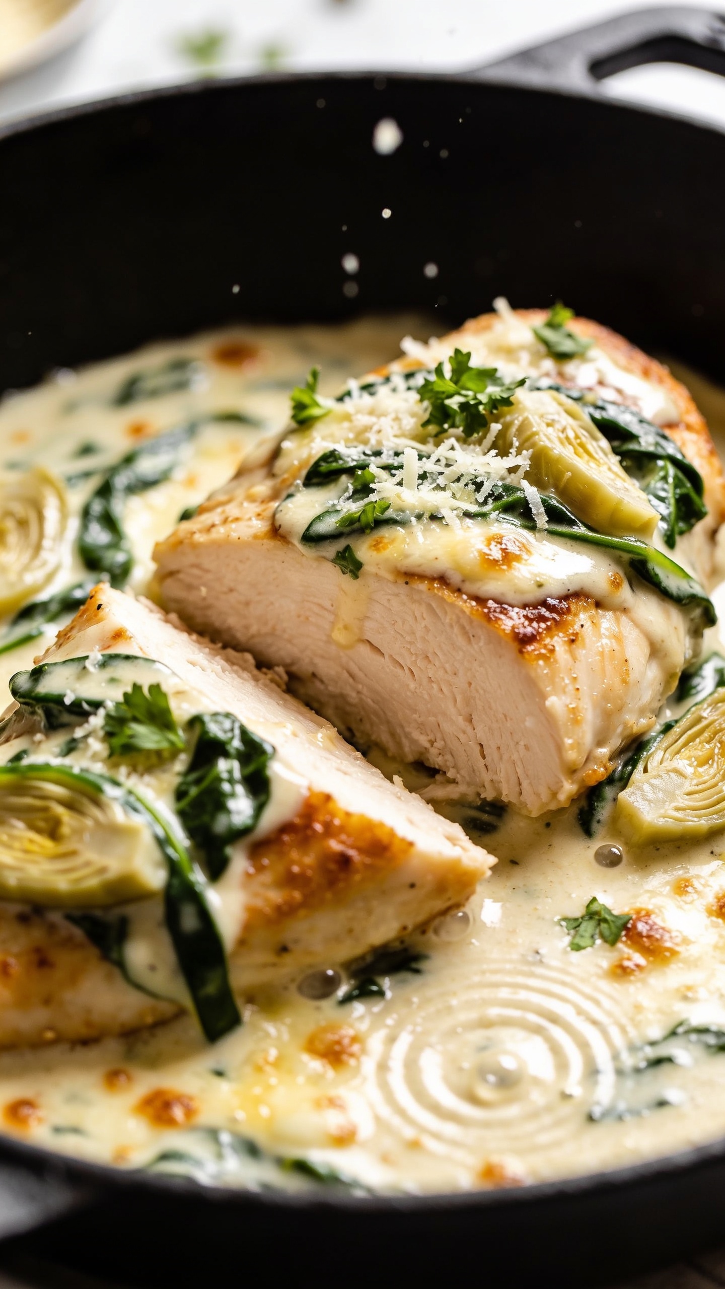 Extreme close-up from a low three-quarter angle inside the skillet: focus on one chicken breast sliced to show tender, juicy interior with a golden crust, napped in thick, glossy spinachâartichoke cream punctuated by artichoke leaves and spinach ribbons. Light caramelized cheese speckles, micro-grated parmesan melting into the sauce, and fresh parsley scattered on top. A gentle swirl mark in the sauce hints at recent stirring, with tiny bubbles and sheen catching the light. Bright natural lighting, shallow depth of field, minimal props blurred at edges, food filling 90â95% of frame for rich, mouthwatering texture emphasis.