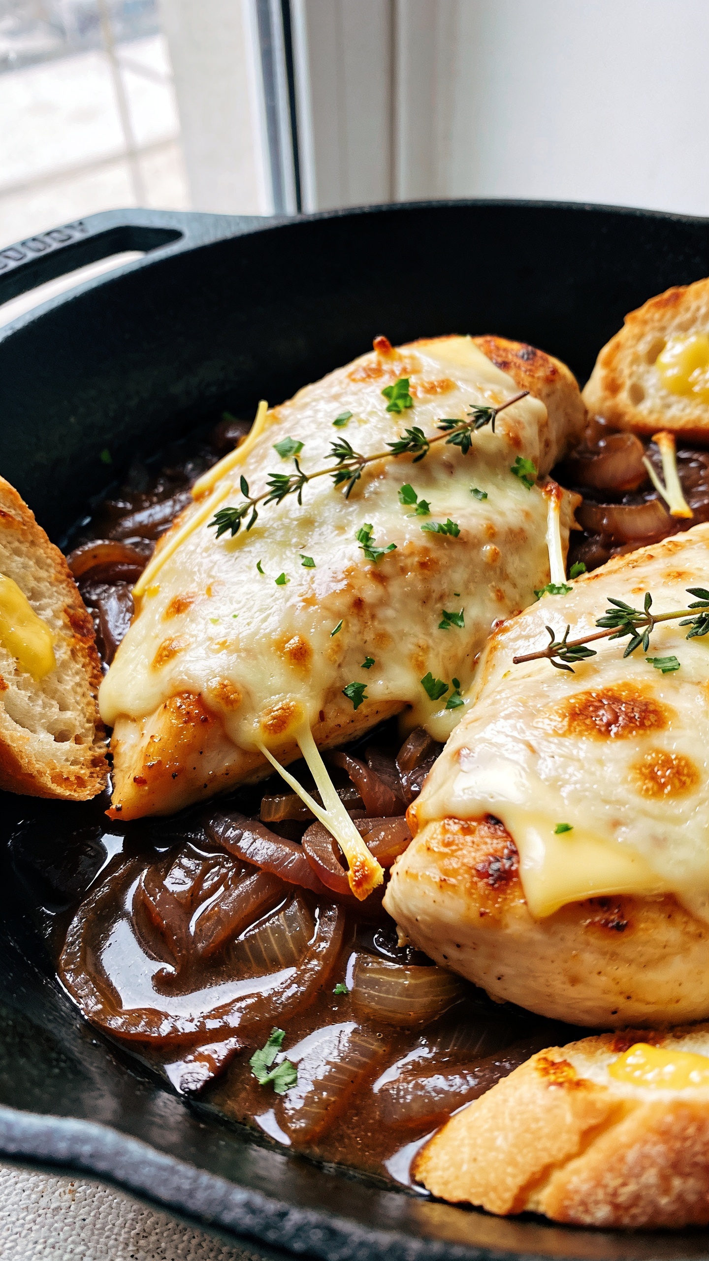 Ultra-close hero shot of One Pan French Onion Chicken in a black cast-iron skillet: golden-browned chicken breasts nestled in a bed of deeply caramelized onions, blanketed with bubbly, lightly blistered melted Gruyère and a few strands of cheese crisping at the edges; glossy beef-onion pan sauce pooling around the chicken with a subtle sheen; fresh thyme leaves and a light sprinkle of chopped parsley scattered on top; a few toasted baguette croutons tucked at the edges, lightly butter-brushed; bright natural window light from the left, shallow depth of field, 90â95% frame filled with the skillet and food, shot at a 45-degree angle to showcase melty cheese, juicy chicken, and saucy onions, premium food-blog styling, no text.