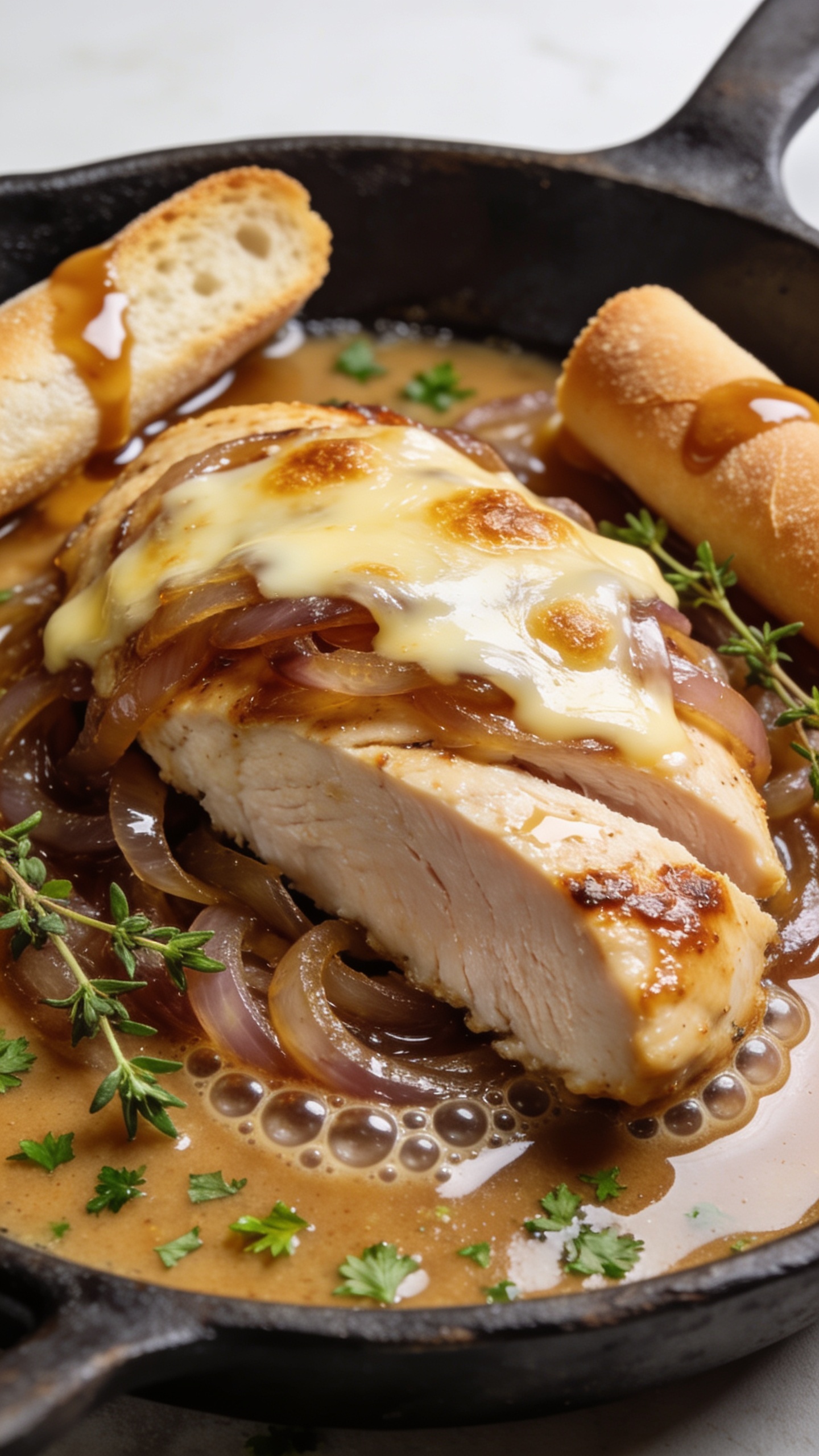 Extreme close-up from a lower, side angle of the same finished dish in the cast-iron skillet: focus on one chicken breast sliced to reveal juicy interior, edges coated in glossy pan sauce and crowned with gooey, lightly browned Gruyère; caramelized onions glistening and layered around the slice; micro-beads of jus pooling at the base; a few tiny flecks of parsley and fresh thyme leaves adding color; optional two small toasted baguette pieces partially soaked in sauce at the rim; bright natural light, shallow depth of field, 90â95% of frame filled, rich textures and premium styling, no text.