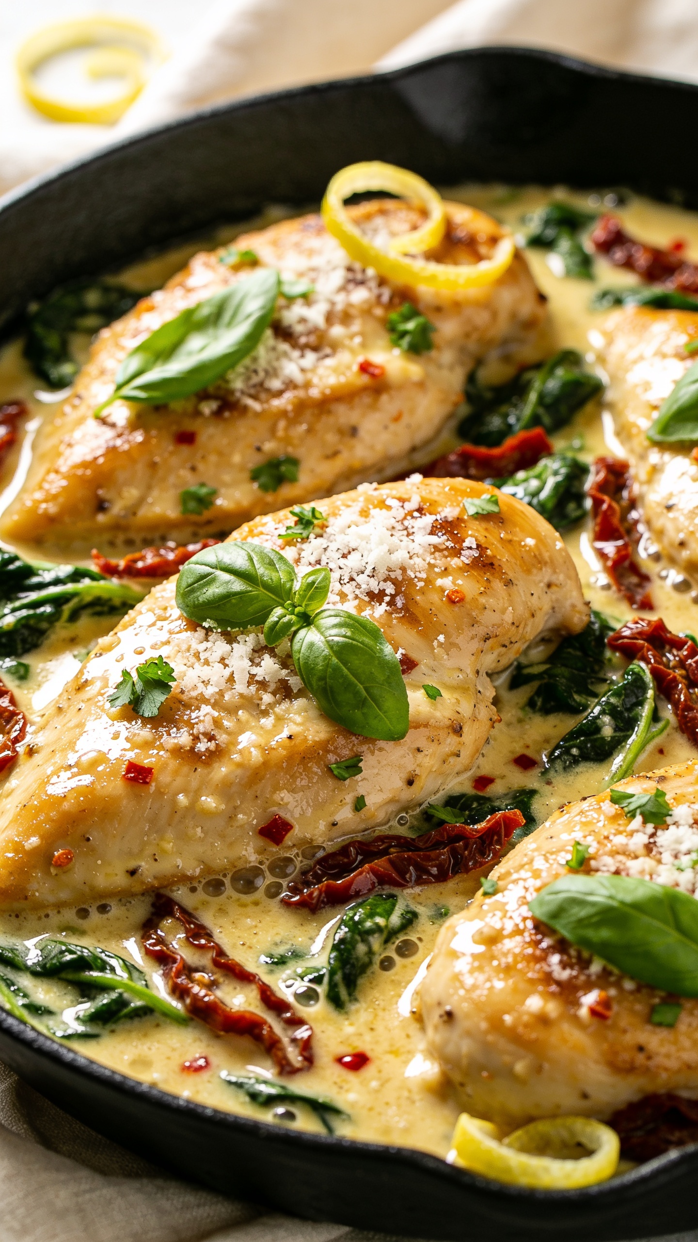 Extreme close-up hero shot of One Pan Marry Me Chicken: golden pan-seared chicken breasts nestled in a glossy, creamy garlic-Parmesan sauce with ribbons of sun-dried tomatoes, flecks of red pepper, and wilted spinach; sauce clings to the chicken with visible sheen and micro-bubbles; fresh basil and parsley just sprinkled on top plus a final snow of finely grated Parmesan; served in a black enamel skillet to emphasize the one-pan vibe; a few curls of lemon zest on the rim; bright natural window light from the left, soft fill on the right, shallow depth of field focusing on the front chicken breast; warm, neutral background with a hint of cream-colored linen; food fills 90–95% of the frame, no text, no hands, ultra-premium food-blog styling.