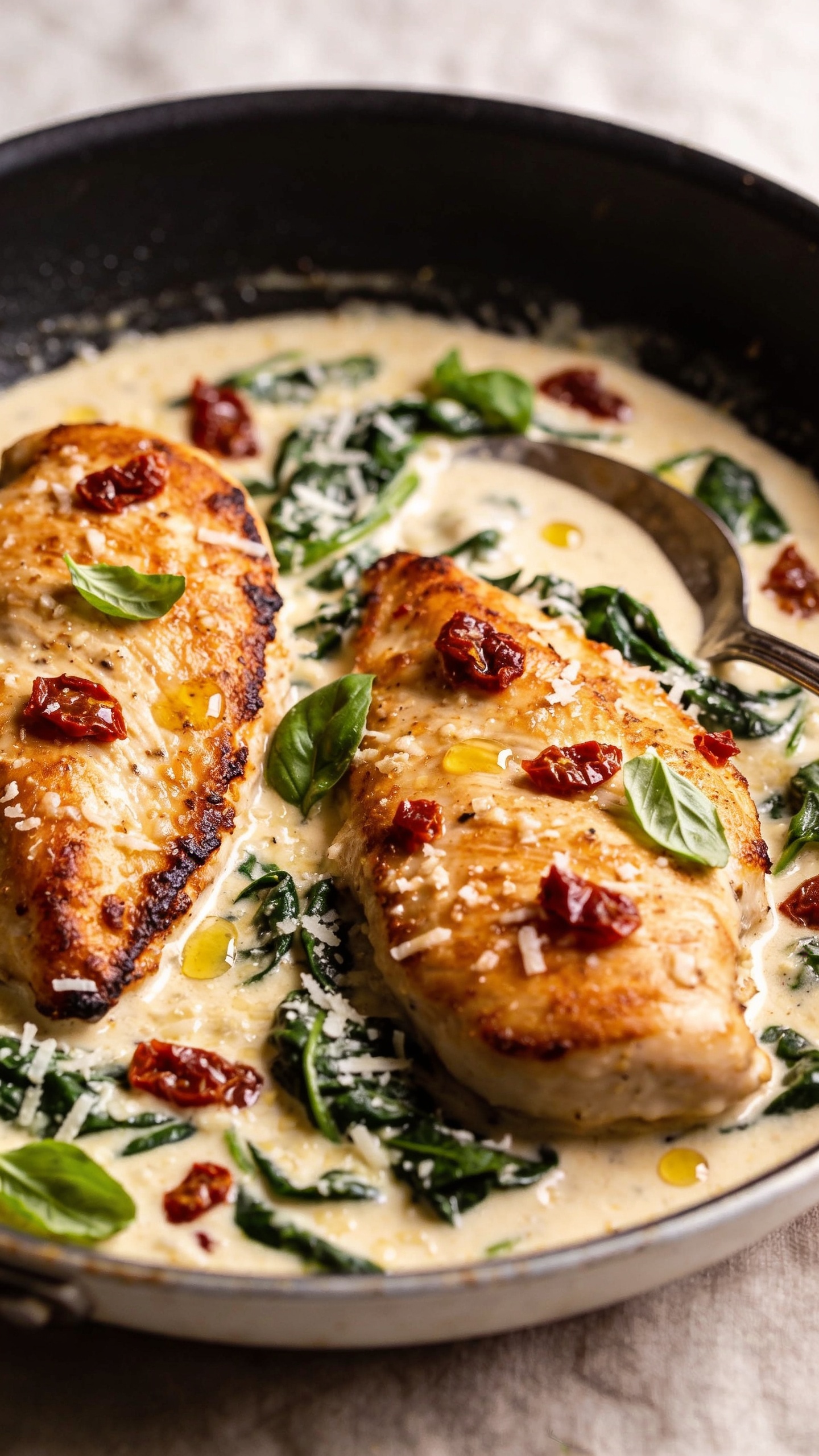 Hyper-detailed close-up from a low angle of the same finished dish in the skillet: two golden-browned chicken breasts front and center with crispy edges peeking through a rich, velvety garlic-Parmesan cream sauce studded with chopped sun-dried tomatoes; glossy swirls where a spoon just stirred; wilted spinach folded throughout; freshly grated Parmesan melting into the surface, a few basil leaves torn and scattered; tiny droplets of olive oil from the tomatoes catching light; bright natural lighting, shallow depth of field with focus on the front edge of the sauced chicken; subtle neutral background and linen, food filling 90–95% of the frame, cohesive with the hero image’s styling and color palette.