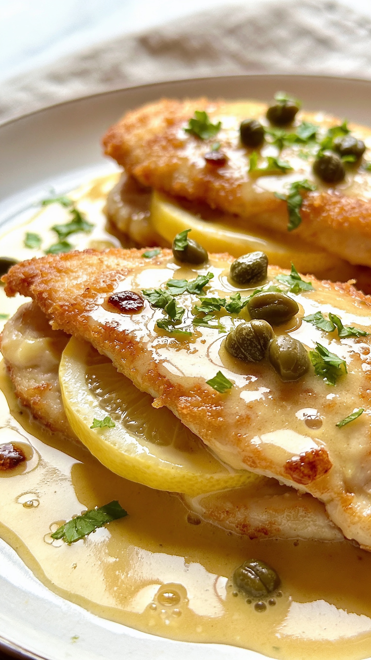 Ultra-close, hero shot of One Pan Chicken Piccata plated in a shallow white rimmed plate, 90â95% frame filled with food, bright natural window light from the left, shallow depth of field. Two golden, crispy-edged chicken cutlets lightly dredged, glistening with a silky lemon-butter pan sauce; thin slices of fresh lemon tucked between cutlets; briny capers scattered; finely chopped parsley sprinkled over top; a few glossy browned bits visible in the sauce for authenticity. The sauce pools around the cutlets with a mirror-like sheen, tiny bubbles of butter emulsion catching the light. Neutral linen beneath the plate, blurred. Color palette: warm golden chicken, vibrant green parsley, sunny lemon, glossy sauce.