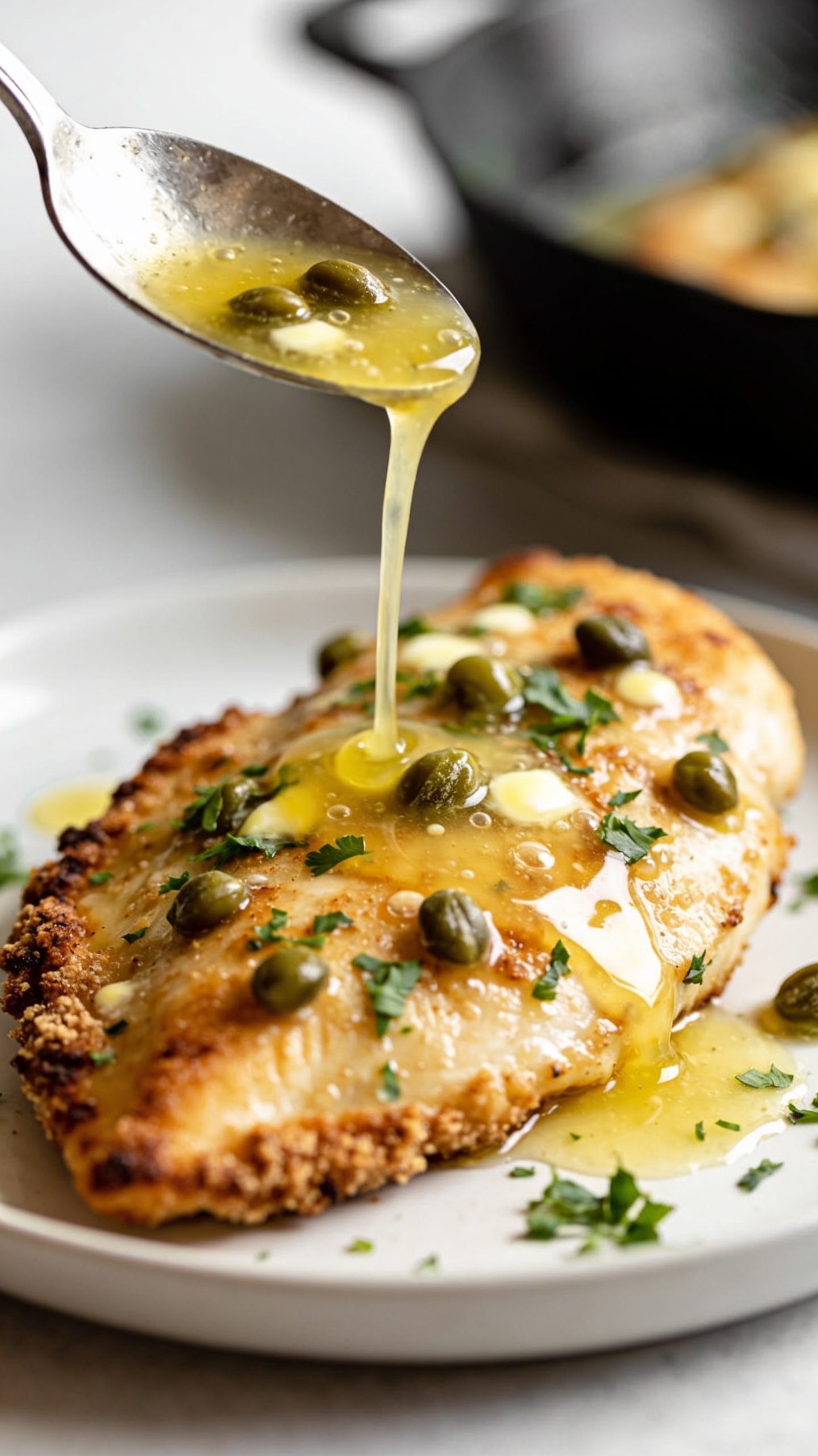 Macro close-up from a low three-quarter angle of the same finished Chicken Piccata in the white plate, 90â95% frame filled, bright natural lighting, shallow depth of field. Focus on texture: crackly, browned flour crust on the chicken edges; glossy lemon-butter sauce being gently spooned back over the top in a thin satin ribbon (mid-pour, frozen); capers studding the surface; micro-beads of butter sheen; flecks of fresh parsley vivid against the golden chicken. Background softly blurred neutral surface, with a hint of the skillet out of focus to imply the one-pan origin.
