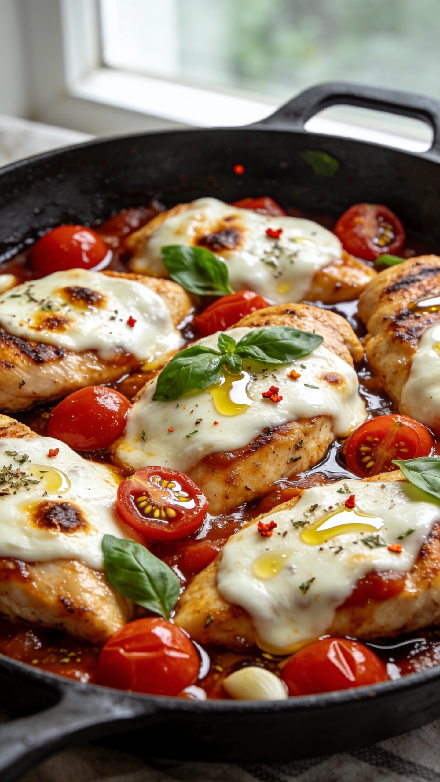 Ultra-close hero shot of One Pan Mozzarella Tomato Chicken: golden seared chicken breasts nestled in a glossy, burst-cherry-tomato and garlic-balsamic pan sauce, blanketed with melted fresh mozzarella that’s lightly blistered and bubbling, pools of olive oil shimmering, flecks of dried Italian herbs, and fresh basil leaves scattered on top; a few crushed red pepper flakes for subtle heat; served straight in a black enameled skillet for contrast; bright natural window light from the side, shallow depth of field, saturated reds and creamy whites, 90–95% of frame filled with the saucy, melty chicken; premium food-blog styling with a few cherry tomatoes split open showing juicy seeds and a light drizzle of olive oil glistening on cheese.