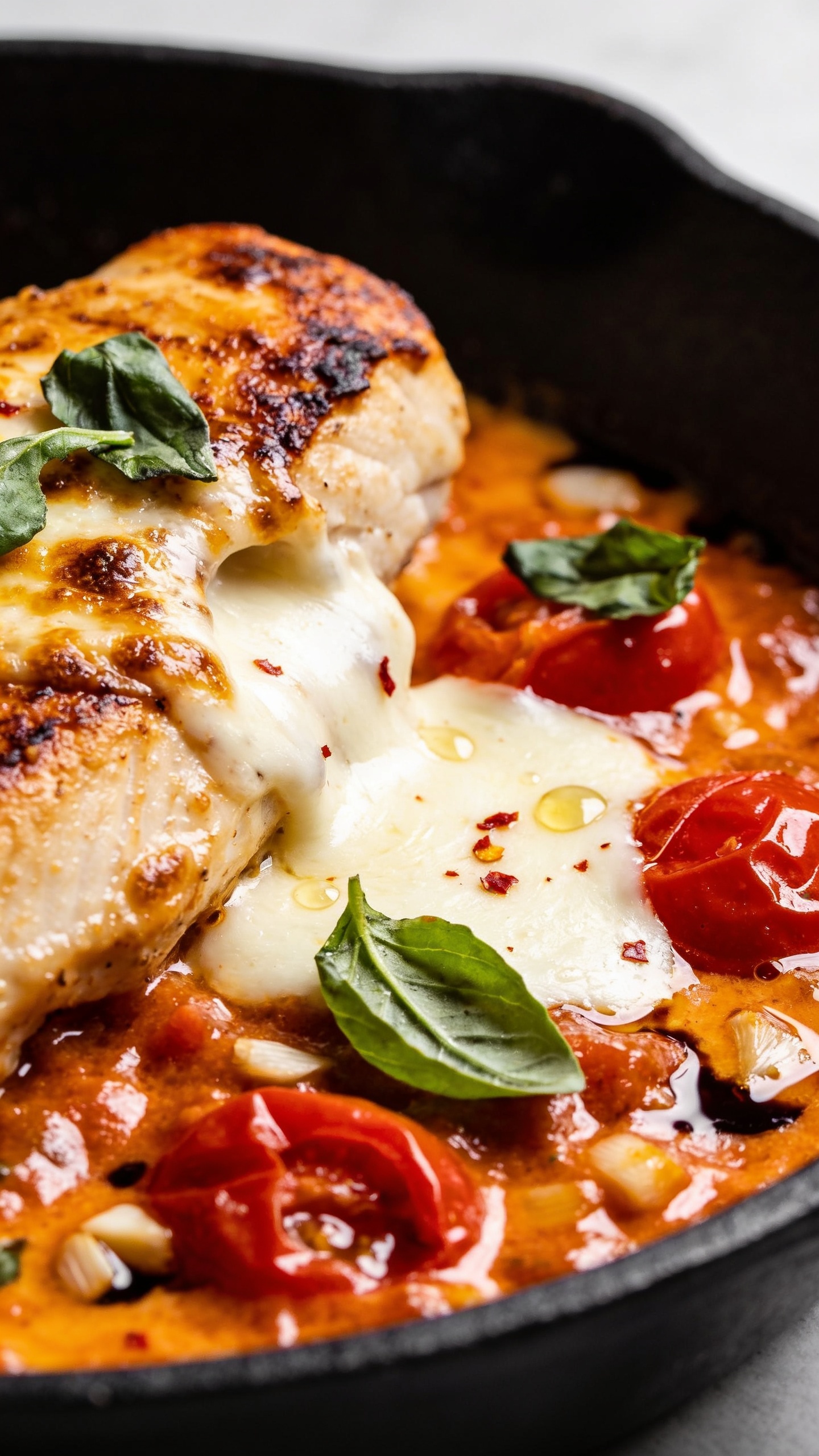 Macro close-up from a low 3/4 angle focusing on textures: the edge of a seared chicken breast with caramelized golden crust, molten mozzarella pooling and lightly blistered, torn basil leaves just added, vivid red cherry tomatoes collapsed into a chunky, glossy sauce with visible garlic bits and a hint of balsamic sheen; tiny red pepper flakes dotted across the cheese; a few micro oil droplets catching the light; photographed in the same black skillet, bright natural side light, shallow depth of field, 90–95% frame occupied by the saucy, cheesy surface, rich color contrast and premium, ultra-appetizing styling.