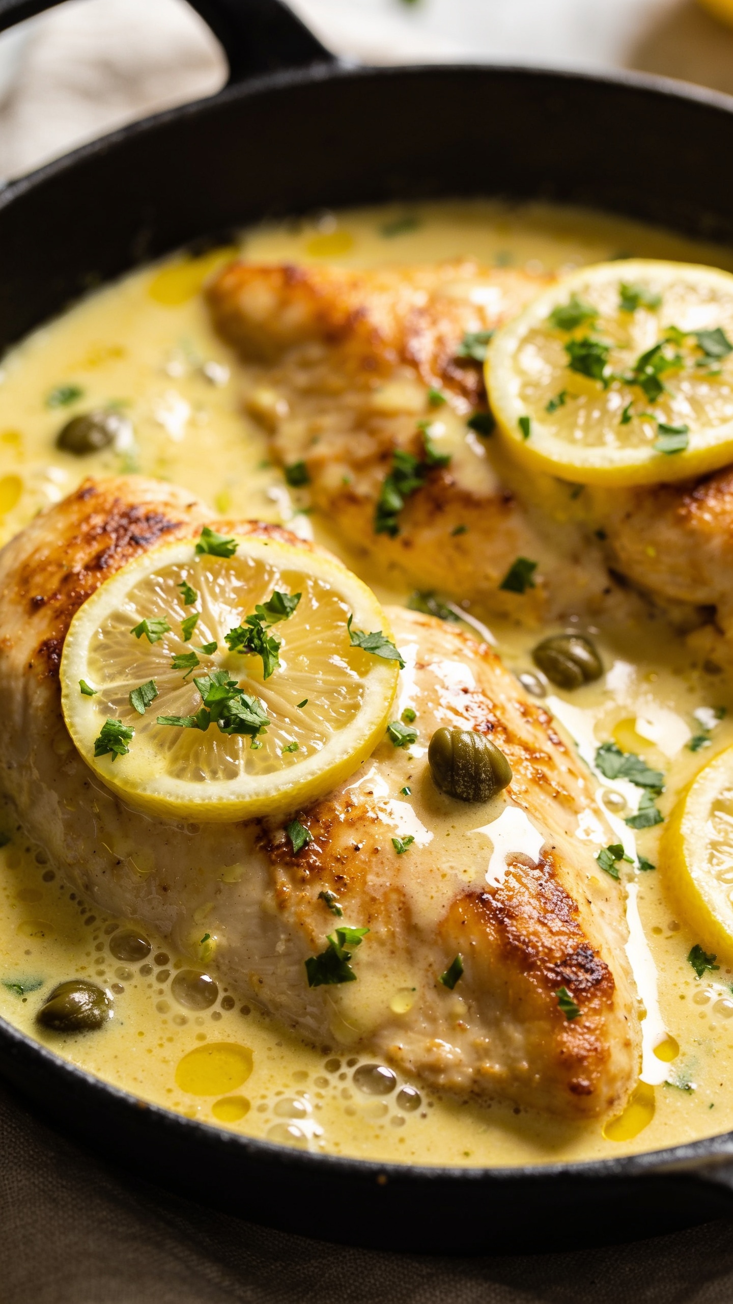 Ultra-close hero shot of One Pan Creamy Lemon Chicken: golden, pan-seared chicken breasts nestled in a glossy, silky lemon-garlic cream sauce with visible micro-bubbles and gentle sheen; thin lemon slices and finely chopped fresh parsley scattered on top; a few capers tucked into the sauce; served in a black enamel skillet to pop the colors; sauce clinging to the chickenâs seared edges and pooling around it; bright natural side lighting, shallow depth of field, background softly blurred with neutral linen; food fills 90â95% of frame, rich textures and vibrant yellows and greens, premium food-blog styling.