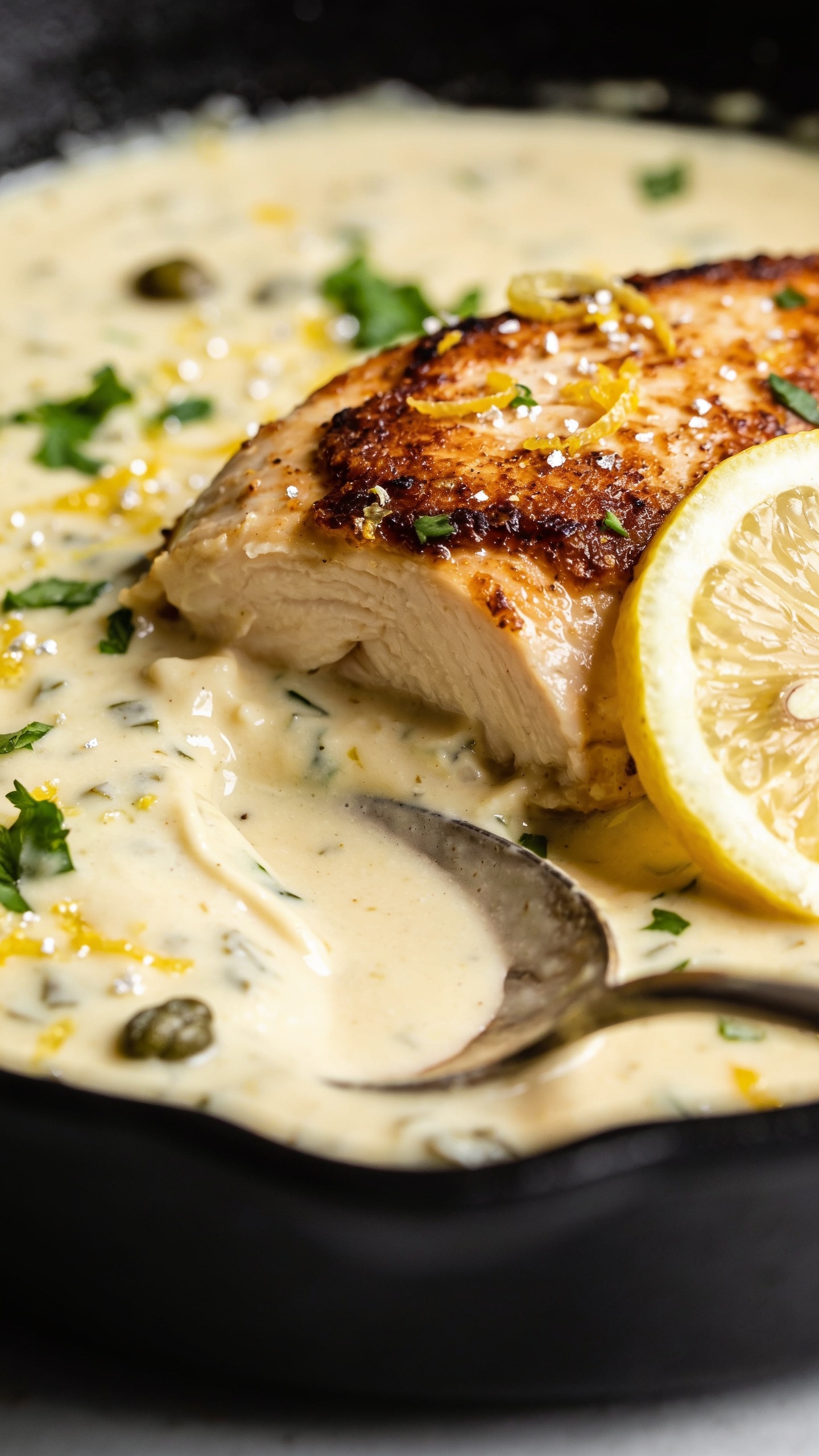 Tight macro angle from skillet level: focus on the edge of a seared chicken breast with crisp, browned crust half-submerged in the velvety lemon-garlic cream; spoon trails visible in the sauce showing thickness; scattered chopped parsley, micro-grated lemon zest sparkle, and a few capers for contrast; one thin lemon wheel resting against the chicken; bright natural lighting, shallow depth of field, neutral backdrop, food fills 90â95% of frame, cohesive with the first two images and emphasizing creamy gloss and juicy texture.