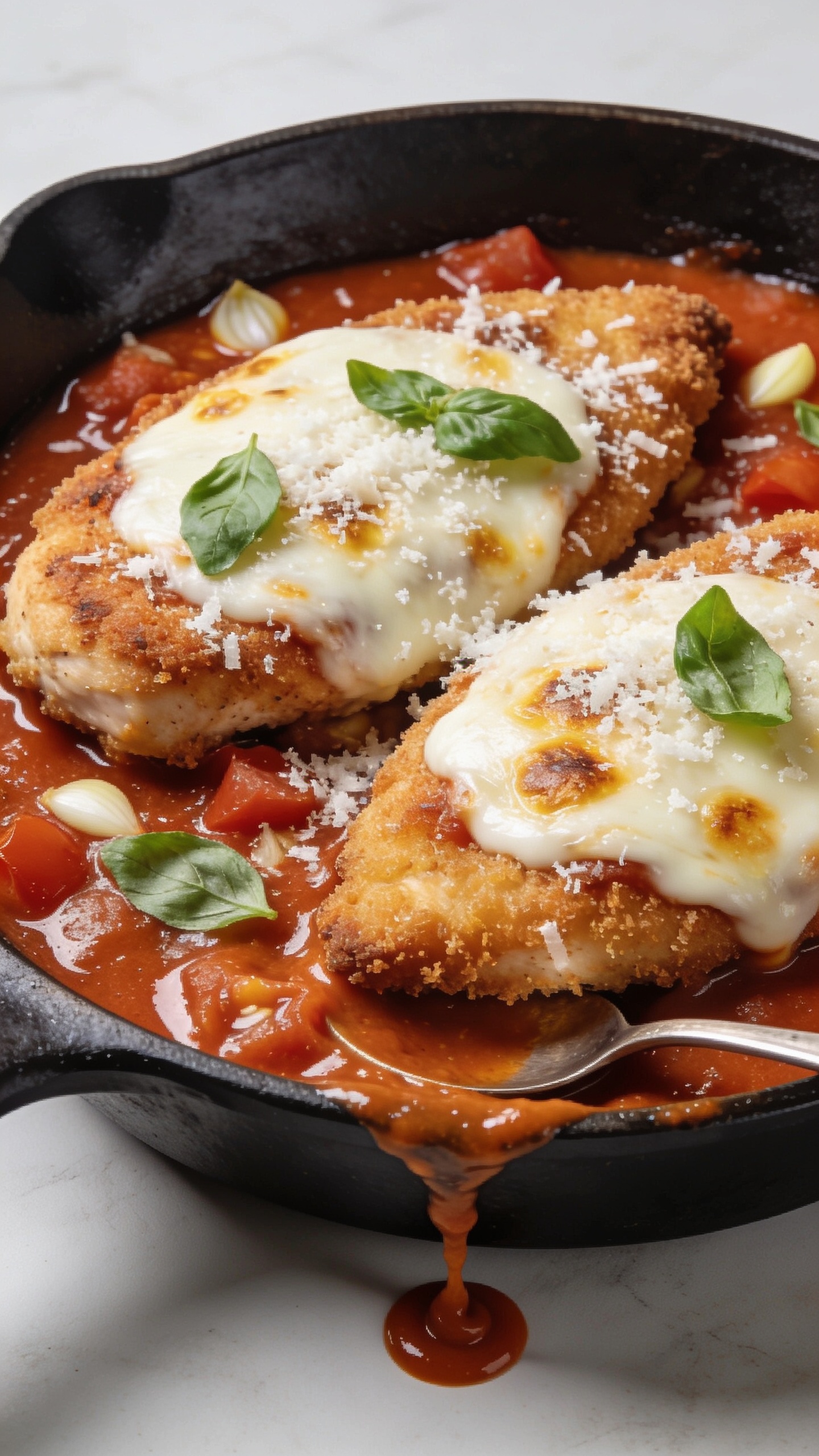 Tight overhead three-quarter close-up of the same finished dish in the cast-iron skillet: two breaded chicken cutlets side-by-side, crust still visibly crunchy where it sits above the sauce, marinara thick and shiny with bits of tomato and garlic, mozzarella fully melted with golden blistered patches, a light snowfall of freshly grated parmesan and a few torn basil leaves scattered on top. A small spoonful trail of sauce swirled at the skillet edge for sheen. Bright natural light, shallow depth of field, saturated tones, food filling 90â95% of frame, consistent premium styling with juicy textures and crispy edges.