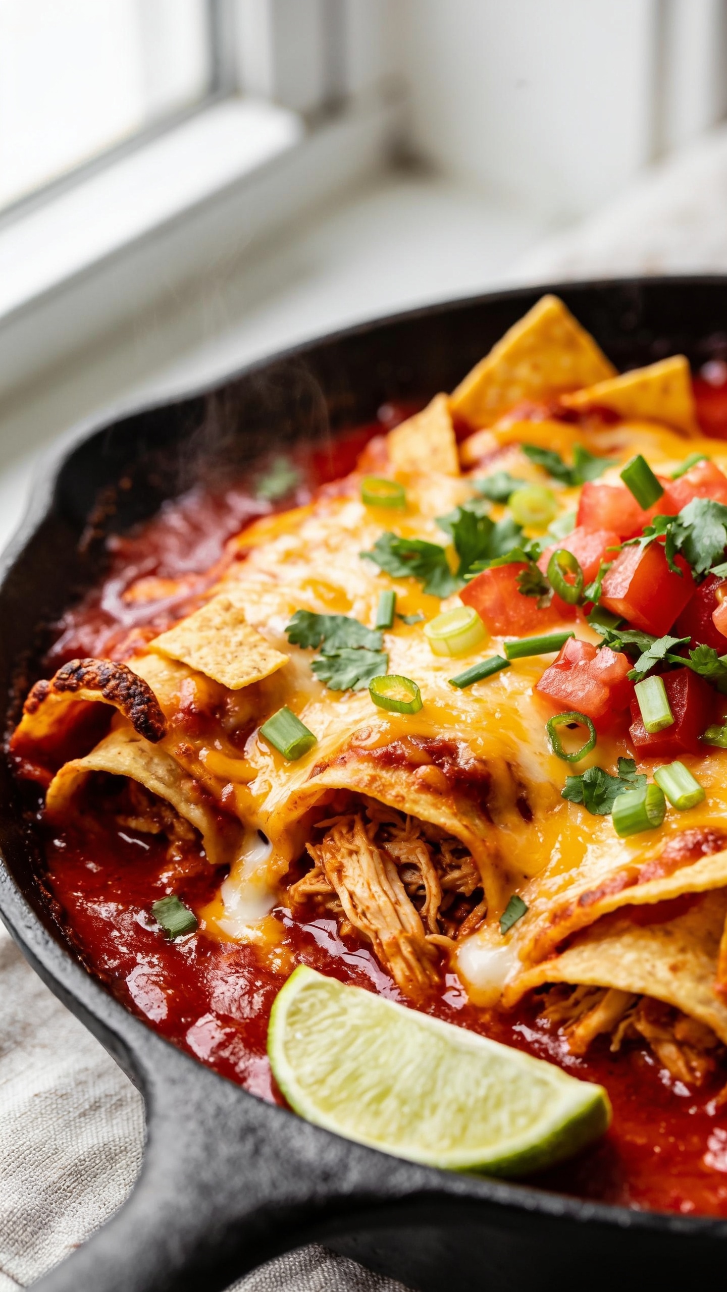 Extreme close-up hero shot of a one-pan chicken enchilada bake in a black cast-iron skillet, filling 95% of the frame. Golden, bubbly, deeply melted cheddar-jack cheese blankets torn corn tortillas and juicy shredded chicken in glossy red enchilada sauce, with edges caramelized and slightly crisp. Visible layers show saucy chicken, toasted tortilla strips peeking through, and pockets of melted cheese. Garnished with finely chopped fresh cilantro, thin-sliced green onions, and a few diced ripe tomatoes for contrast. A lime wedge rests at the skillet rim, out of focus. Bright natural window light from the left, shallow depth of field, soft shadows, steam faintly rising, rich saturated reds, golds, and greens, premium food-blog styling on a neutral linen to emphasize the skillet.