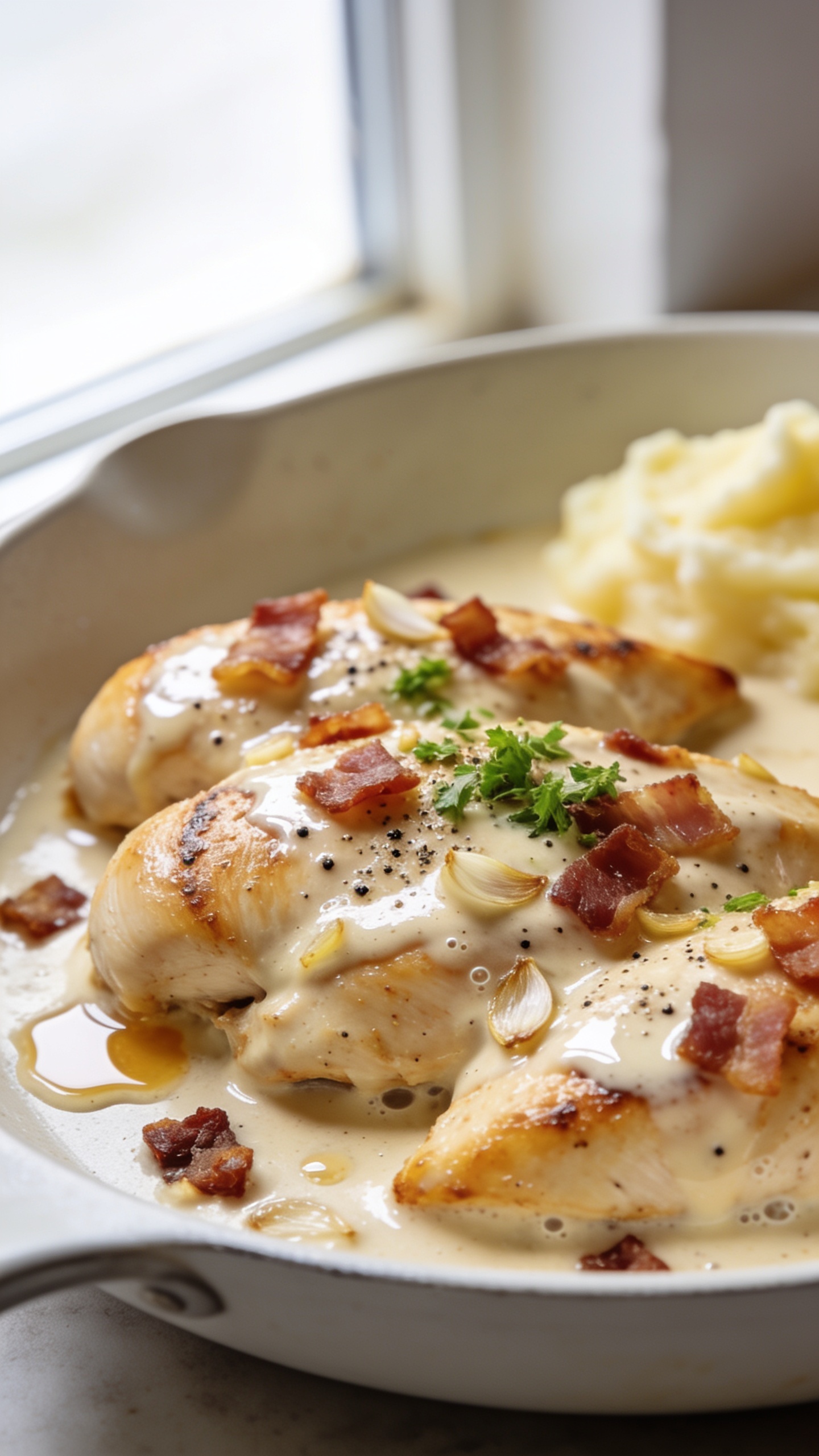 Extreme close-up hero shot of One Pan Creamy Bacon Chicken: golden-seared chicken breasts nestled in a glossy, silky cream sauce studded with crispy bacon shards and flecks of sautéed garlic; tiny specks of black pepper and a light sprinkle of fresh chopped parsley on top; sauce clinging to the chicken with visible sheen and micro-bubbles; a few bacon crumbles and sauce pooling around the chicken in a shallow, matte white skillet; optional sides implied by a faint blur of buttered mashed potatoes at the far edge, out of focus; bright natural window light from the left, soft bounce on the right; shallow depth of field focusing on the front third of the chicken, creamy sauce texture tack-sharp; no text, no hands, premium food-blog styling, 90–95% of the frame filled with food.