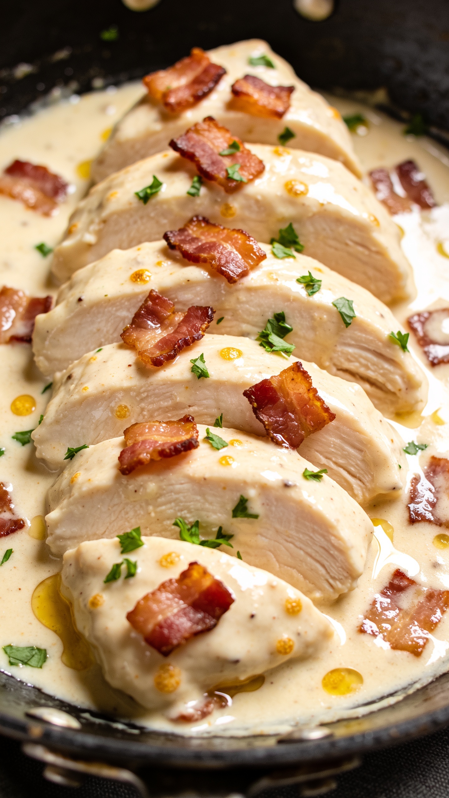 Tight macro angle from slightly overhead: sliced One Pan Creamy Bacon Chicken fanned in the skillet, each slice lacquered with the velvety cream sauce; crispy bacon pieces scattered across, edges visibly crisp; tiny golden fond specks in the sauce for depth; a final glisten of rendered bacon fat shimmering on the surface; a restrained sprinkle of fresh parsley for color pop; sauce pooling richly around the slices with subtle reflections; bright natural lighting, shallow depth of field isolating the center slices, premium, clean styling, 90–95% of the frame is food.