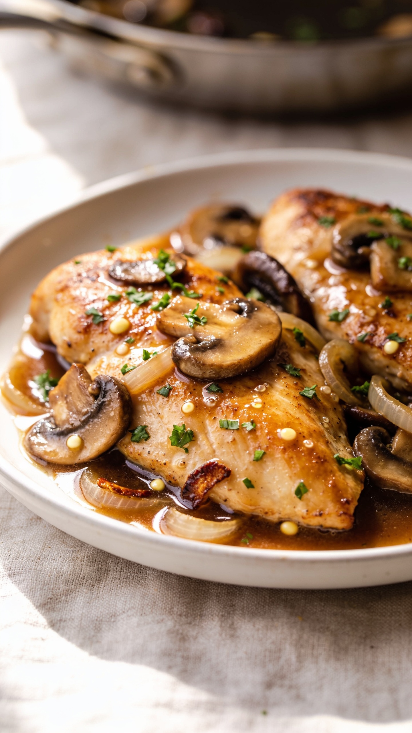 Ultra close-up hero shot of One Pan Chicken Marsala plated on a shallow white ceramic plate: golden-brown seared chicken cutlets nestled in a glossy Marsala wine sauce with sautĂŠed cremini mushrooms and shallots, scattered with finely chopped fresh parsley. Sauce clings to the chicken with visible sheen and tiny butter bubbles, a few browned mushroom edges peeking out. Background: blurred light linen and a hint of the stainless skillet out of focus. Bright natural sidelight from the left, shallow depth of field, 90â95% frame filled with food, warm, inviting tones, premium food-blog styling.