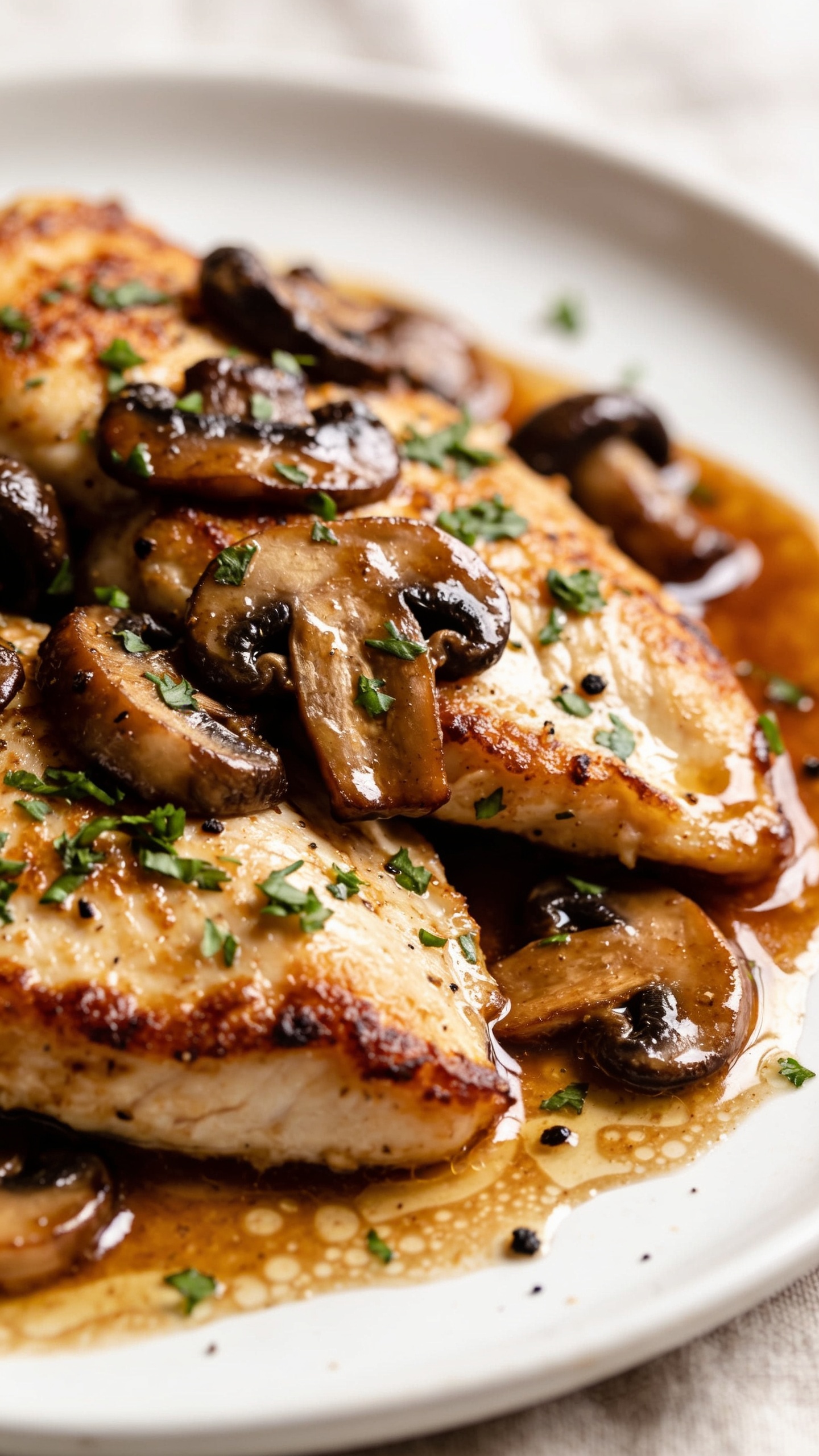 Tight macro angle from slightly overhead and to the side of the same plated Chicken Marsala: focus on overlapping chicken cutlets with crisped edges, deeply caramelized mushrooms, and a velvety, lacquered Marsala reduction pooling around the chicken. Visible texture of pan fond dissolved into the sauce, fine minced parsley sprinkled evenly, a few coarse black pepper flecks. Clean white plate rim barely visible, soft bokeh of neutral linen backdrop, bright natural light highlighting the sauceâs shine, shallow depth of field, 90â95% food in frame, cohesive with the hero image.