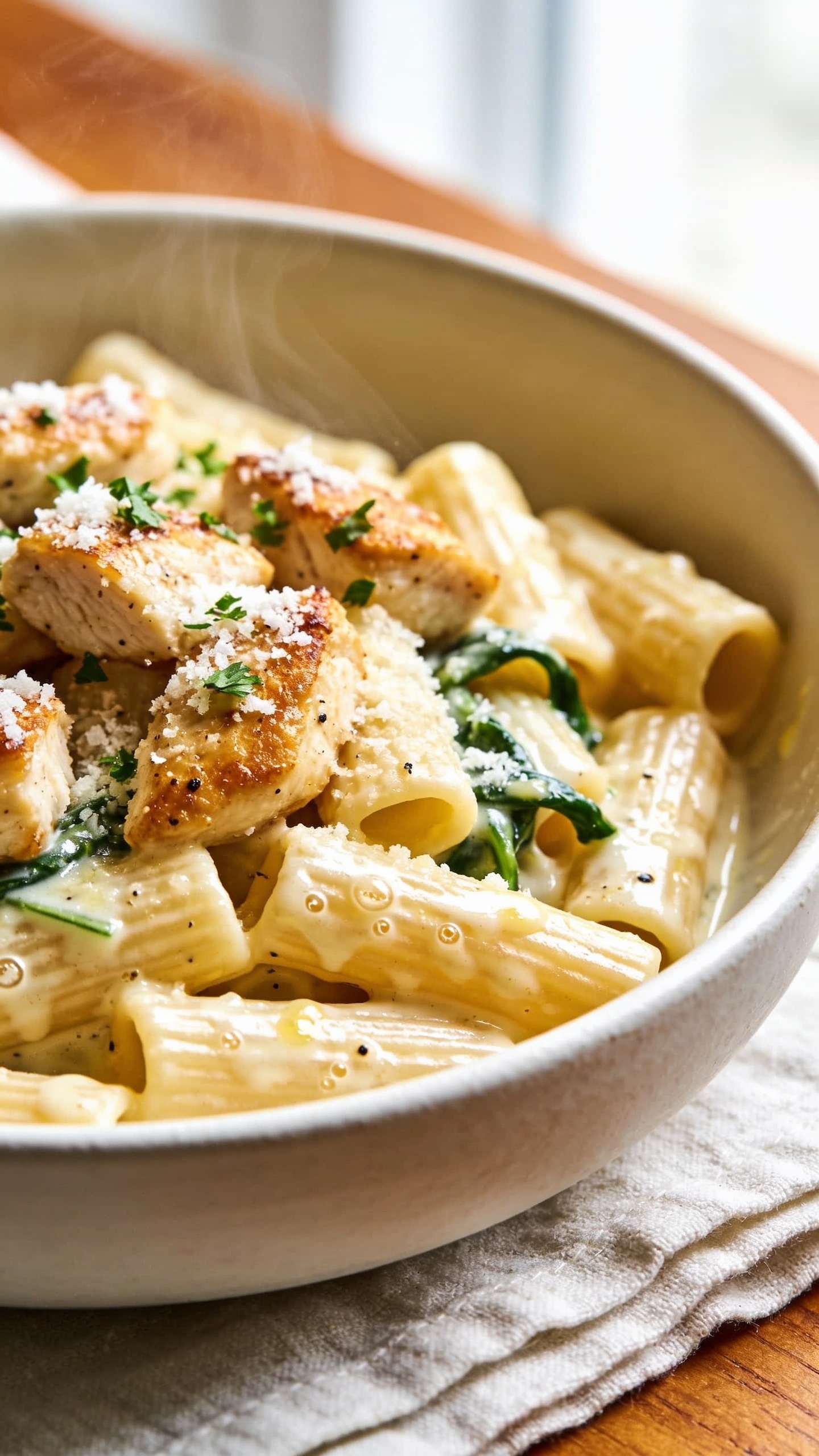 Ultra close-up hero shot of Garlic Parmesan Chicken Pasta: ridged rigatoni coated in a glossy, silky garlic-Parmesan cream sauce, topped with golden pan-seared chicken bites, a light snowfall of freshly grated Parmesan, and flecks of chopped Italian parsley. Visible black pepper specks and tiny bubbles of emulsified butter cling to the pasta. A few ribbons of sautéed spinach peek through for color. Shot in bright natural window light, shallow depth of field, 45-degree angle, matte off-white ceramic bowl on a light linen with a warm wood surface. Sauce sheen and steam subtly visible, food filling 90–95% of frame, premium food-blog styling, no text.