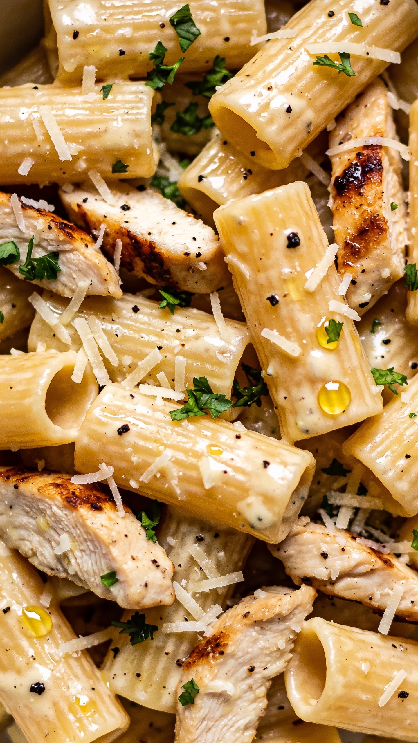 Macro top-down close-up of the same finished Garlic Parmesan Chicken Pasta: rigatoni packed edge-to-edge in the frame, each tube glistening with creamy garlic-Parmesan sauce, seared chicken slices with caramelized edges scattered throughout, a fresh micro-grate of Parmesan melting on contact, cracked black pepper, and vibrant parsley sprinkled evenly. A few droplets of olive oil catch the light. Bright natural lighting, shallow depth of field emphasizing textures and ridges, food covering 90–95% of frame, cohesive with the hero and action shots, no text.