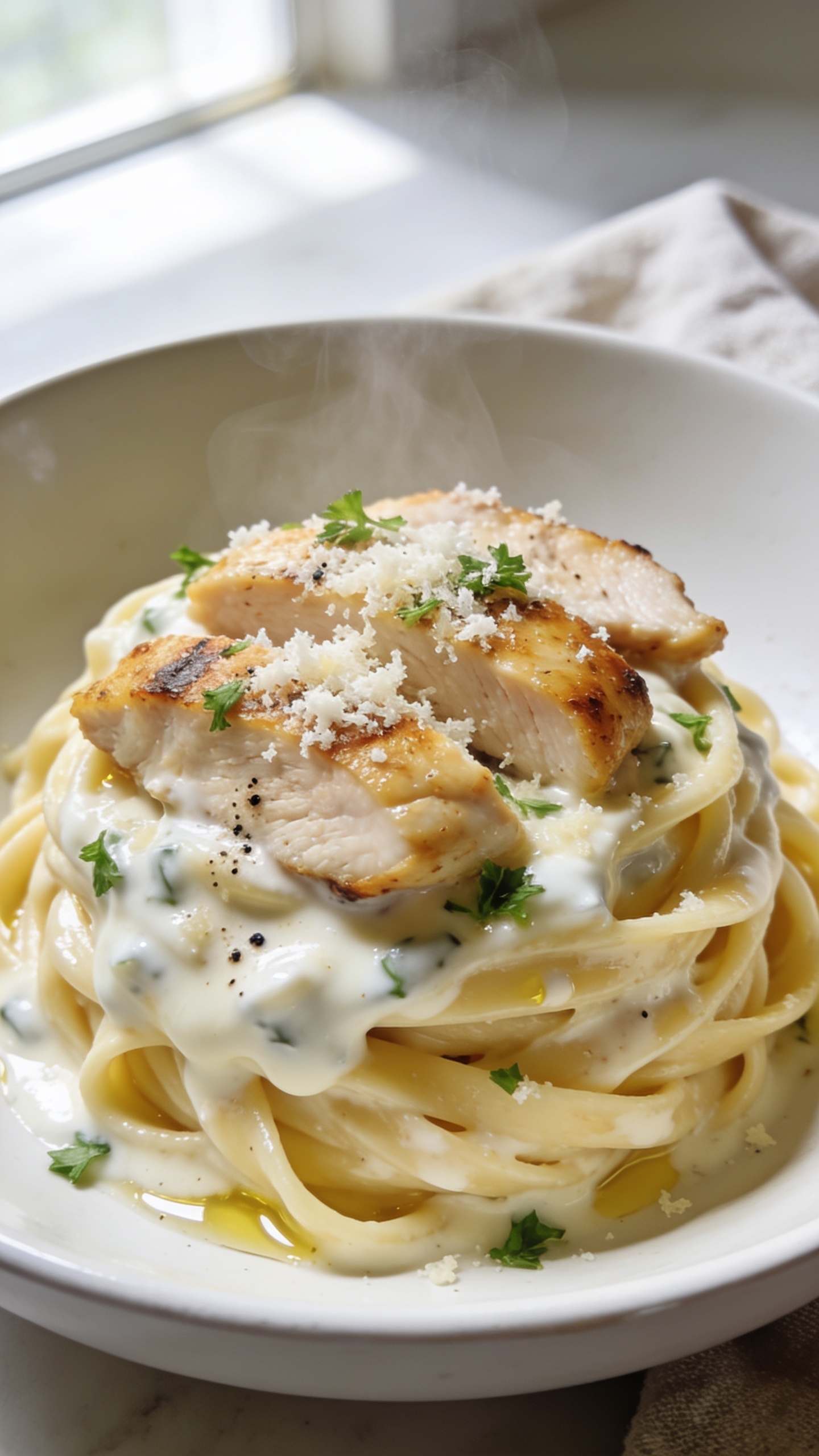 Ultra-close hero shot of Healthy Chicken Alfredo: glossy fettuccine twirled into a neat mound, coated in a silky lightened Alfredo made with Greek yogurt and milk, topped with juicy golden seared chicken slices, finely grated Parmesan melting into the sauce, micro-chopped parsley sprinkled over, a light crack of black pepper visible, and a faint sheen of olive oil. Shot in bright natural window light with shallow depth of field, creamy sauce clinging to each noodle, steam subtly rising, on a matte white shallow bowl with a soft linen napkin edge barely peeking in the background. Food fills 90â95% of frame, textures crisp and luminous, same plating for all images.