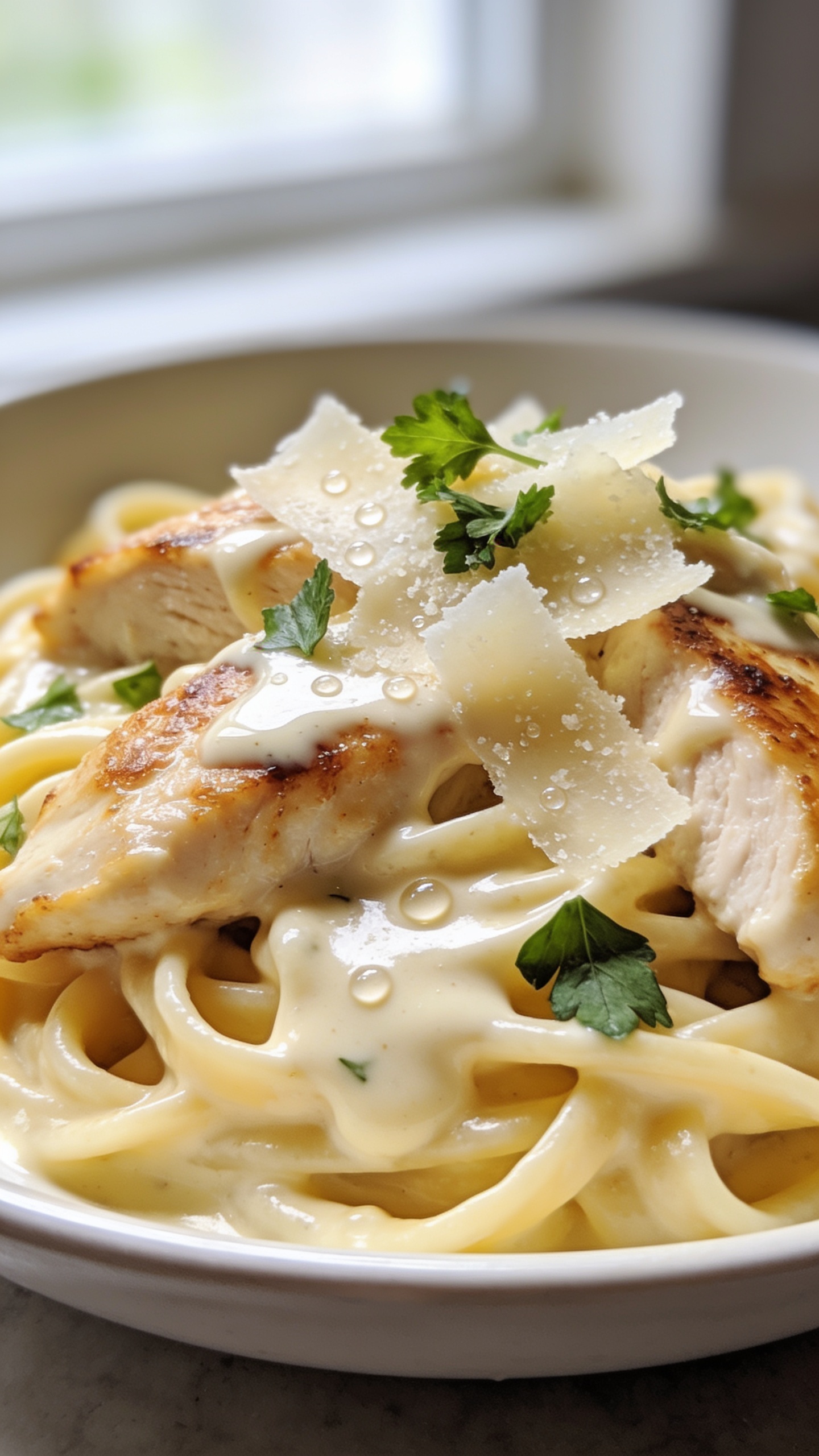 Extreme close-up angle from low and slightly side-on: the same plated Healthy Chicken Alfredo with sauce pooled silkily in glossy waves between noodles, edges of chicken lightly browned and juicy, delicate Parmesan shavings melting and beading, fresh parsley scattered with a few larger leaves for contrast, tiny droplets of sauce gleaming. Bright natural window light, shallow depth of field emphasizing creamy texture and golden sear, neutral background blur consistent with the first image. Food fills 90â95% of frame, rich yet light look preserved, same bowl and styling as the hero shot.