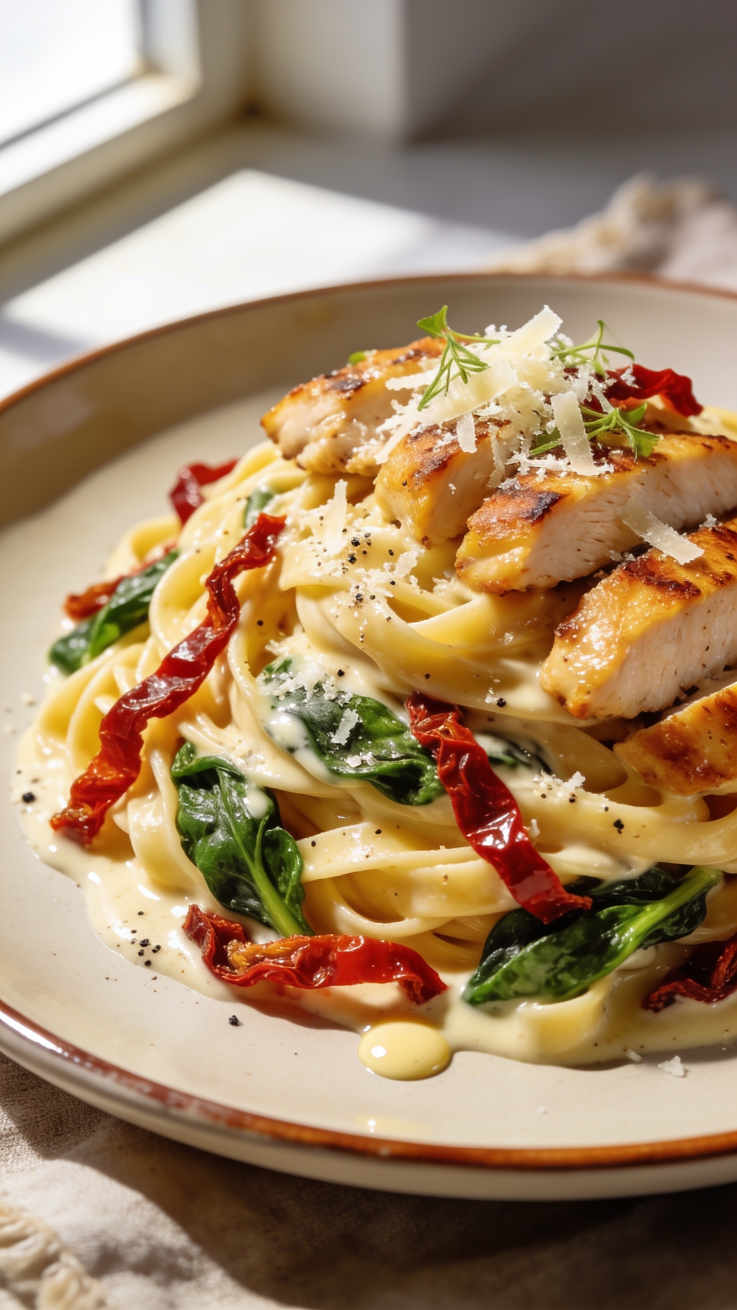 Extreme close-up hero image of Creamy Tuscan Chicken Pasta: al dente fettuccine swirled in a glossy garlic-parmesan cream sauce, generously studded with sun-dried tomato ribbons, wilted baby spinach, and seared golden-brown sliced chicken breast. Finish with freshly grated parmesan, micro-shavings melting into the sauce, and a light sprinkle of cracked black pepper. A few droplets of creamy sauce pooling on the plate rim for shine. Bright natural window light from the left, soft shadows, shallow depth of field isolating the pasta mound, warm neutral plate, rustic light linen barely visible at the edges. Food fills 90â95% of the frame, rich textures and vibrant reds and greens popping against the creamy sauce.