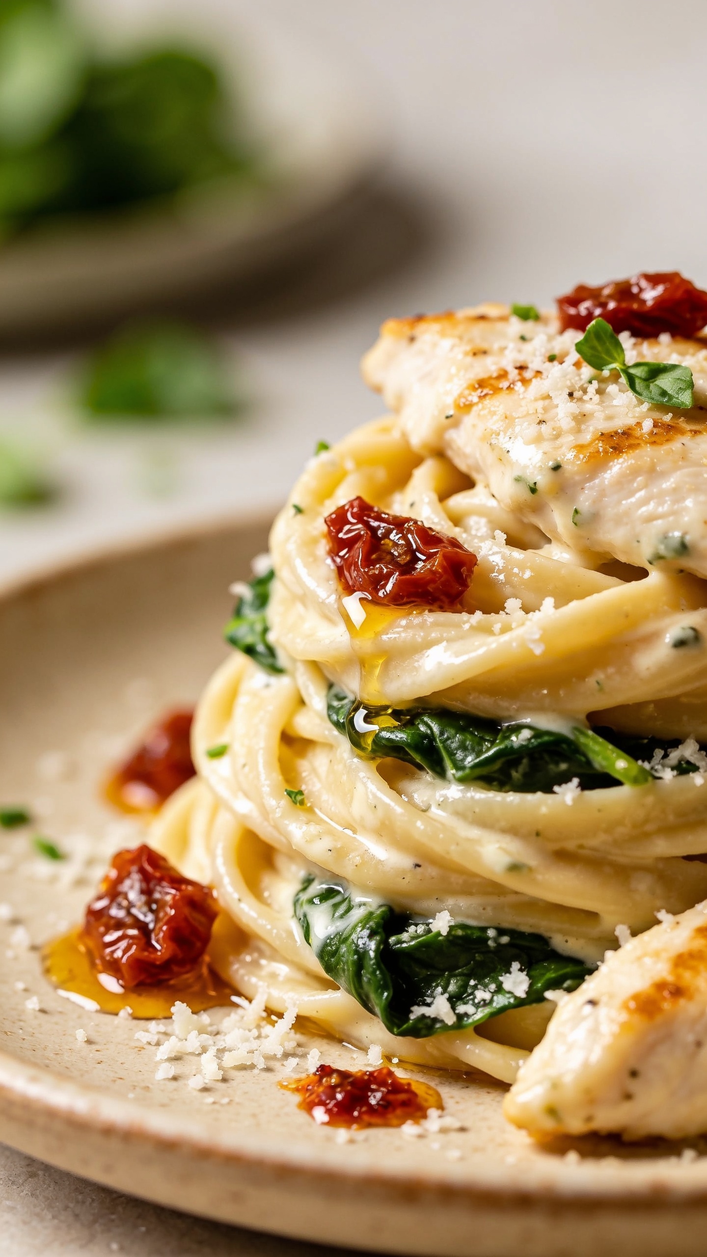 Ultra close-up side angle of the same finished dish focusing on textures: a tight swirl of fettuccine glossed with creamy garlic-parmesan sauce, edges of chicken with light golden sear marks peeking through, sun-dried tomato pieces glistening with oil, and tender spinach leaves folded between strands. Finishing details: micro-grated parmesan melting into tiny pools, a drizzle of reserved sun-dried tomato oil for amber highlights, and a faint sprinkle of chopped fresh basil. Bright natural lighting, shallow depth of field with bokeh in the background, warm ceramic plate and minimal props, food dominating 90â95% of the frame, premium food-blog styling.