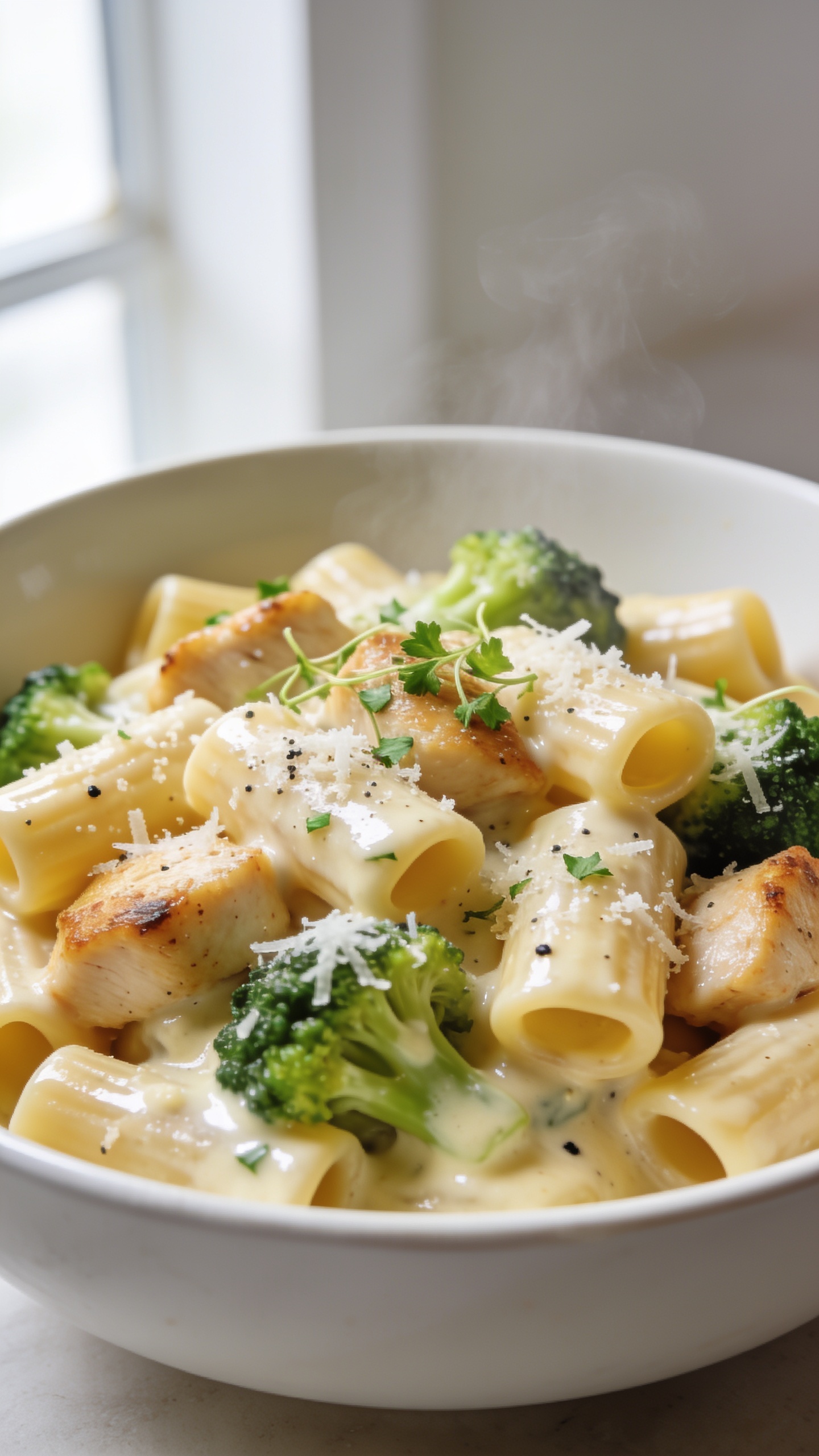 Ultra-close hero shot of creamy chicken and broccoli pasta in a shallow white bowl, 90â95% frame filled with glossy al dente short pasta (rigatoni or penne) coated in a silky garlic-parmesan cream sauce, bite-size golden-seared chicken pieces tucked throughout, vibrant tender-crisp broccoli florets, micro-grated parmesan melting into the sauce, tiny flecks of black pepper and chopped fresh parsley for contrast. Bright natural window light from the left, soft bounce on the right, shallow depth of field with the front layer of pasta tack-sharp and the background gently blurred. Subtle steam rising to suggest just-plated warmth, no text, no hands, premium food-blog styling on a light neutral background.