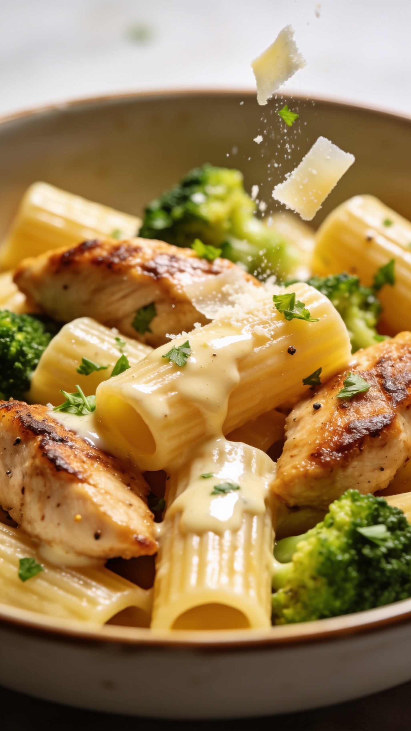 Extreme close-up from a lower angle across the bowlâs rim, focusing on sauce-lacquered pasta tubes nestled with juicy browned chicken and emerald broccoli. Emphasize creamy emulsified gloss pooling lightly in pasta ridges, crispy-seared edges on chicken, tiny pepper specks, and fresh parsley scattered. A small drift of freshly grated parmesan melts on contact, with a few shavings visible in soft focus. Bright directional natural light, shallow depth of field with a dreamy background blur, 90â95% food-filled frame, cohesive with the other images in the same shoot.