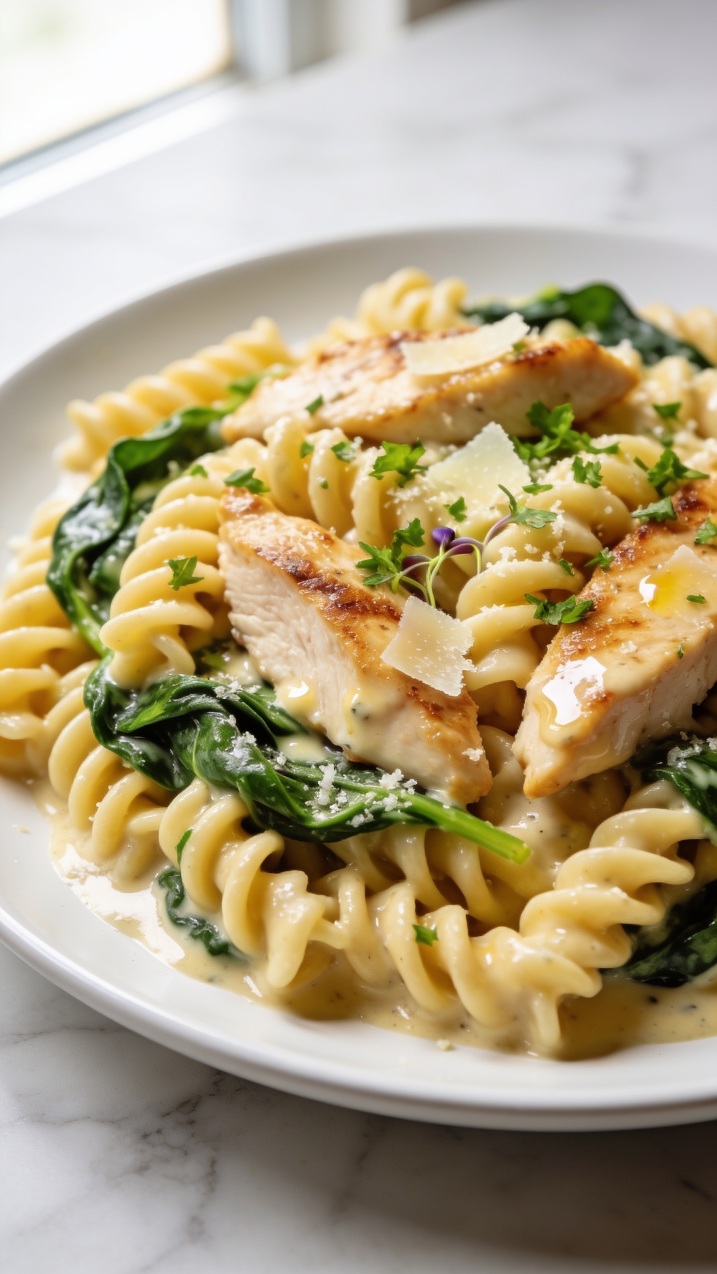 Ultra-close hero shot of Creamy Spinach Chicken Pasta: al dente fusilli swirled in a silky garlic-parmesan cream sauce, ribbons of bright wilted spinach clinging to the spirals, golden seared chicken slices nestled throughout with light browning on the edges, a glossy finish of sauce pooling lightly in the pasta grooves, a few micro-shavings of parmesan melting on contact, and a scattering of finely chopped fresh parsley. Shot in bright natural window light, shallow depth of field, on a matte white plate over a light marble surface; warm tones, no hands, no text, 90â95% frame filled with food, premium food-blog styling.