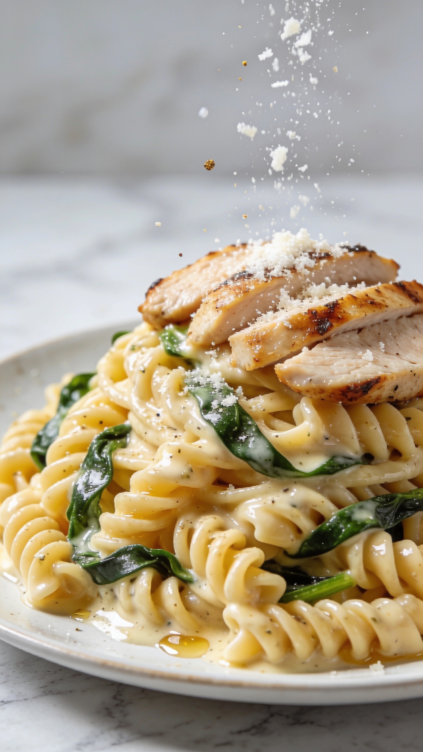 3. Extreme macro angle from the side of the plate: focus on a mound of fusilli drenched in creamy garlic-parmesan sauce with visible sheen, spinach ribbons weaving through the spirals, seared chicken slices showing juicy texture and lightly crisp edges. A light snowfall of freshly grated parmesan caught mid-fall over the pasta, a few specks suspended in the air, with tiny sauce reflections highlighting curves of the noodles. Bright natural light, shallow depth of field, light marble surface, same plate and styling as the first image, 90â95% of frame filled with food.