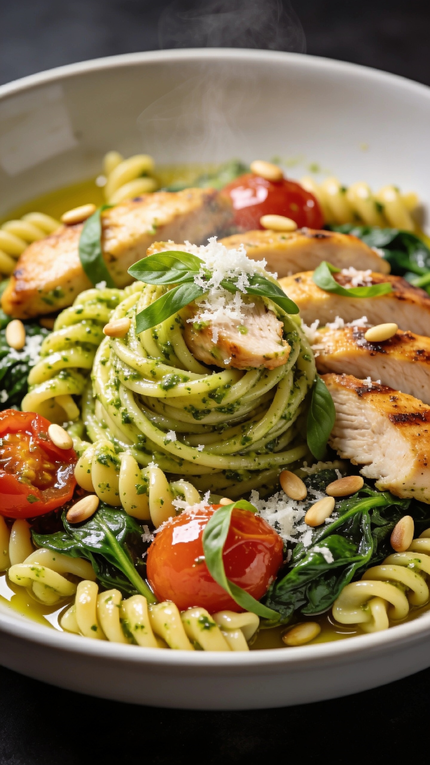 Ultra-close hero shot of a bowl of Healthy Chicken Pesto Pasta: al dente short pasta (gemelli or fusilli) glossy with vibrant basil pesto, tossed with juicy golden-brown seared chicken breast slices, cherry tomatoes blistered and just burst, tender baby spinach wilted into the sauce, and a light shine of olive oil. Garnish with fresh basil ribbons, a shower of finely grated Parmesan, and toasted pine nuts. Plate in a wide, shallow white bowl with minimal props; bright natural side lighting, shallow depth of field, creamy bokeh. Focus on the swirl of pasta and chicken at center, pesto clinging to every ridge, tomatoes glistening, steam subtly rising. Color palette: fresh greens, warm golden chicken, ruby tomatoes, pale Parmesan. Premium food-blog styling, 90â95% of frame filled with the dish.