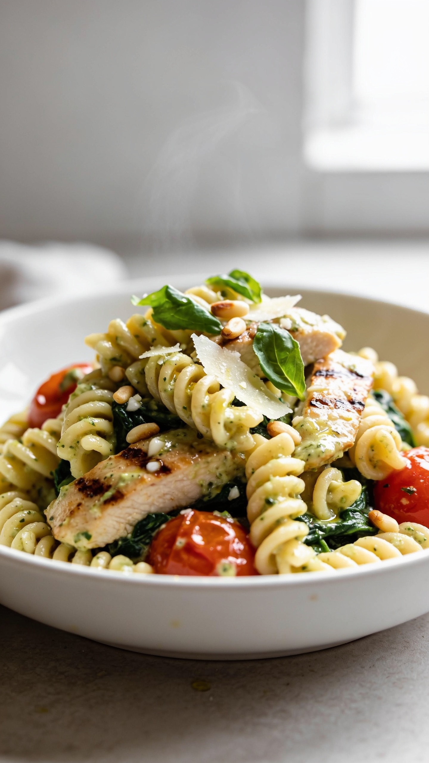 Extreme close-up from a low 3/4 angle focusing on textures: a tight mound of gemelli coated in silky lighter pesto (specks of basil and garlic visible), juicy seared chicken slices nestled throughout, wilted spinach peeking between coils, and glossy burst cherry tomatoes releasing juices that mingle with the sauce. Finishing details: delicate Parmesan gratings, a few torn basil leaves, and scattered toasted pine nuts. Light olive oil sheen catching highlights, subtle steam for freshness. Bright natural window light, shallow depth of field emphasizing ridges of pasta and sear marks on chicken; minimal neutral background, same white bowl, 90â95% food in frame, premium, fresh, craveable.