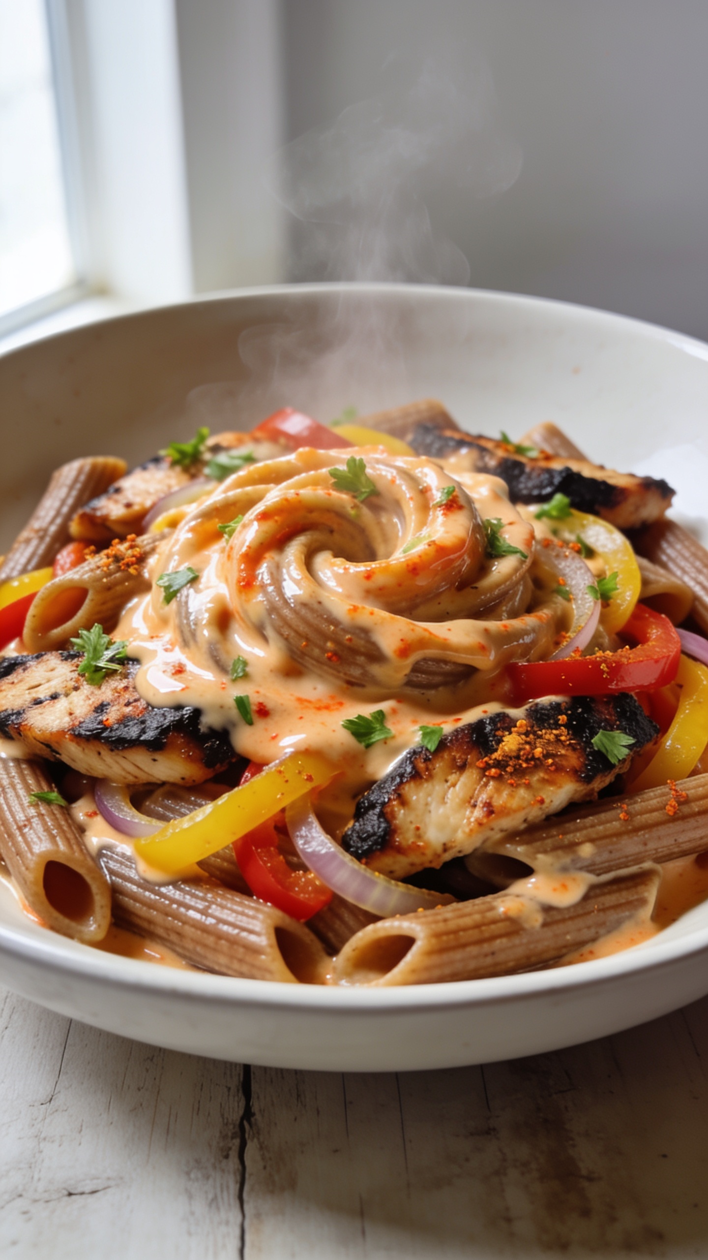 Ultra close-up hero shot of Healthy Cajun Chicken Pasta: whole-grain penne swirled in a glossy, creamy Cajun-spiced Greek yogurt sauce, tender blackened chicken breast slices with charred edges nestled throughout, thin strips of sautĂŠed red and yellow bell peppers and onions, sprinkled with finely chopped fresh parsley and a light dusting of Cajun seasoning; sauce clings to every ridge with a slight orange-red tint; steam gently rising; bright natural window light from the left, soft bounce on the right; shallow depth of field focusing on the center twirl; plated in a wide, matte white shallow bowl on a light rustic wood surface with minimal neutral background; no text, no hands, food filling 90â95% of frame, premium food-blog styling.