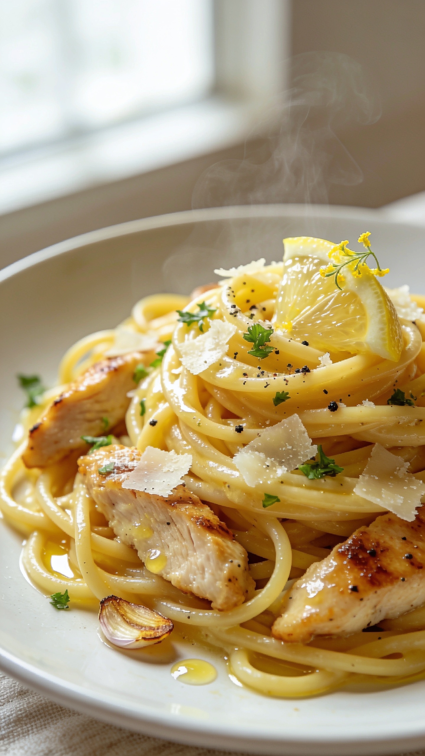 Ultra-close hero shot of Garlic Butter Chicken Pasta: twirl of al dente linguine coated in glossy garlic-butter sauce, tender golden-seared chicken slices nestled throughout, shards of freshly grated Parmesan melting on contact, flecks of chopped parsley and cracked black pepper, micro-zest of lemon catching the light, a few toasted garlic slices visible, and tiny pools of butter glistening on the pasta. Shot in bright natural window light, shallow depth of field, creamy bokeh, food filling 90â95% of the frame, warm neutral background with a matte white plate and subtle linen texture, premium food-blog styling, vibrant yet natural colors, steam just barely visible.