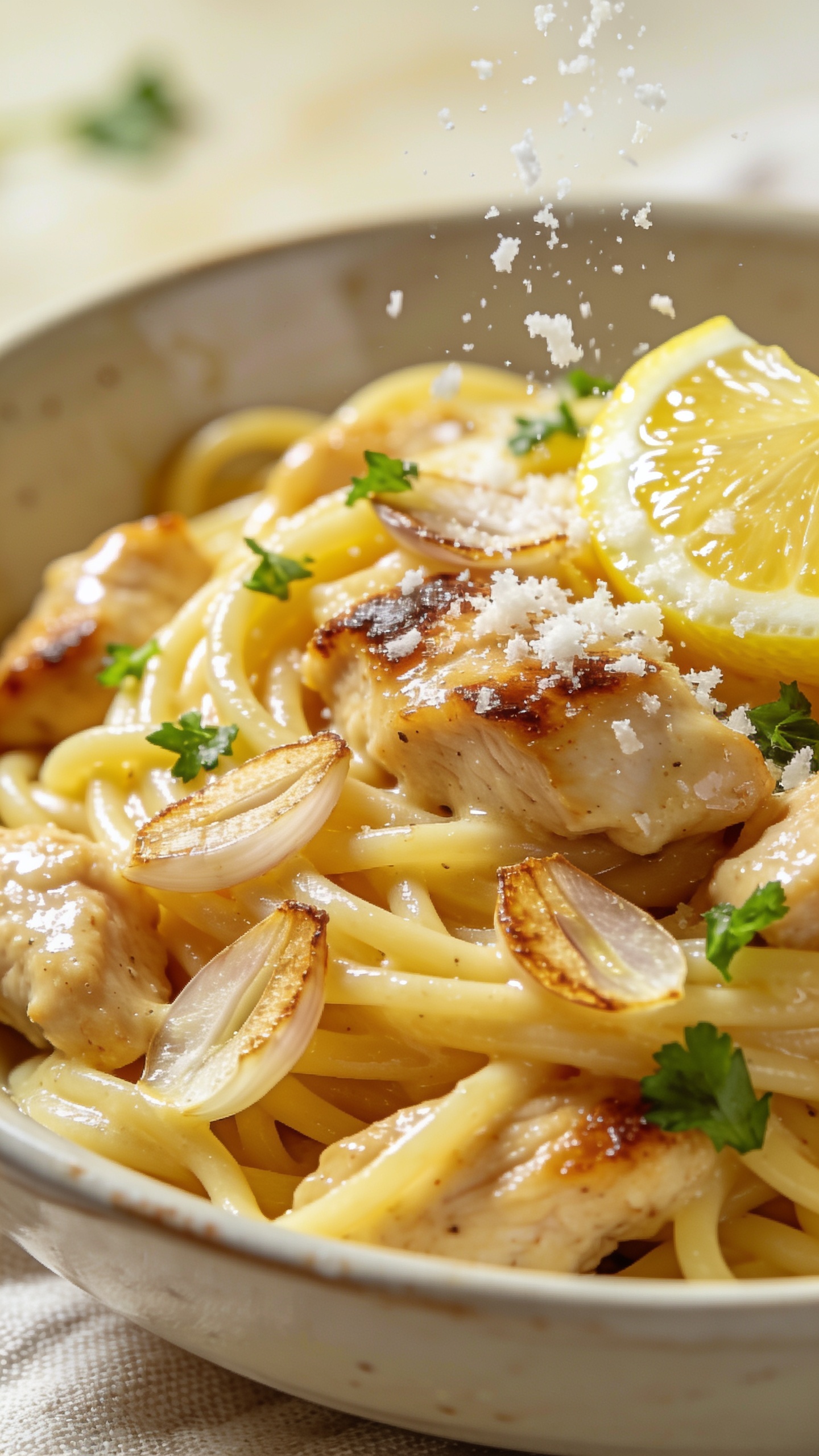 Macro close-up from a low angle of the same finished Garlic Butter Chicken Pasta: focus on the saucy sheen clinging to tangled linguine, browned edges on chicken pieces with visible fond-kissed caramelization, paper-thin toasted garlic slices, a fresh squeeze of lemon glistening on the surface, snow-like grated Parmesan settling, and vibrant parsley scattered. Bright natural side light to emphasize gloss and texture, shallow depth of field with creamy background bokeh, food filling 90â95% of the frame, simple ceramic bowl and neutral linen barely peeking in, rich, inviting tones.