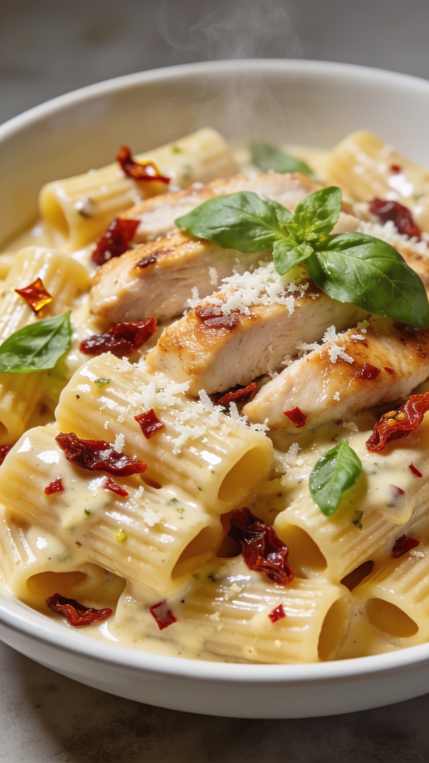 Ultra close-up hero shot of Sun-Dried Tomato Chicken Pasta: ridged rigatoni coated in a glossy, creamy garlic-Parmesan sauce speckled with finely chopped sun-dried tomatoes, tender golden-seared chicken slices nestled throughout, a light scatter of freshly grated Parmesan and torn basil on top. Food fills 90â95% of frame in a shallow white bowl, bright natural side lighting, shallow depth of field with creamy bokeh, rich warm tones emphasizing silky sauce clinging to the ridges. A few sun-dried tomato slivers and basil leaves visible on the sauceâs surface, subtle steam rising, no text, no hands, premium food-blog styling.