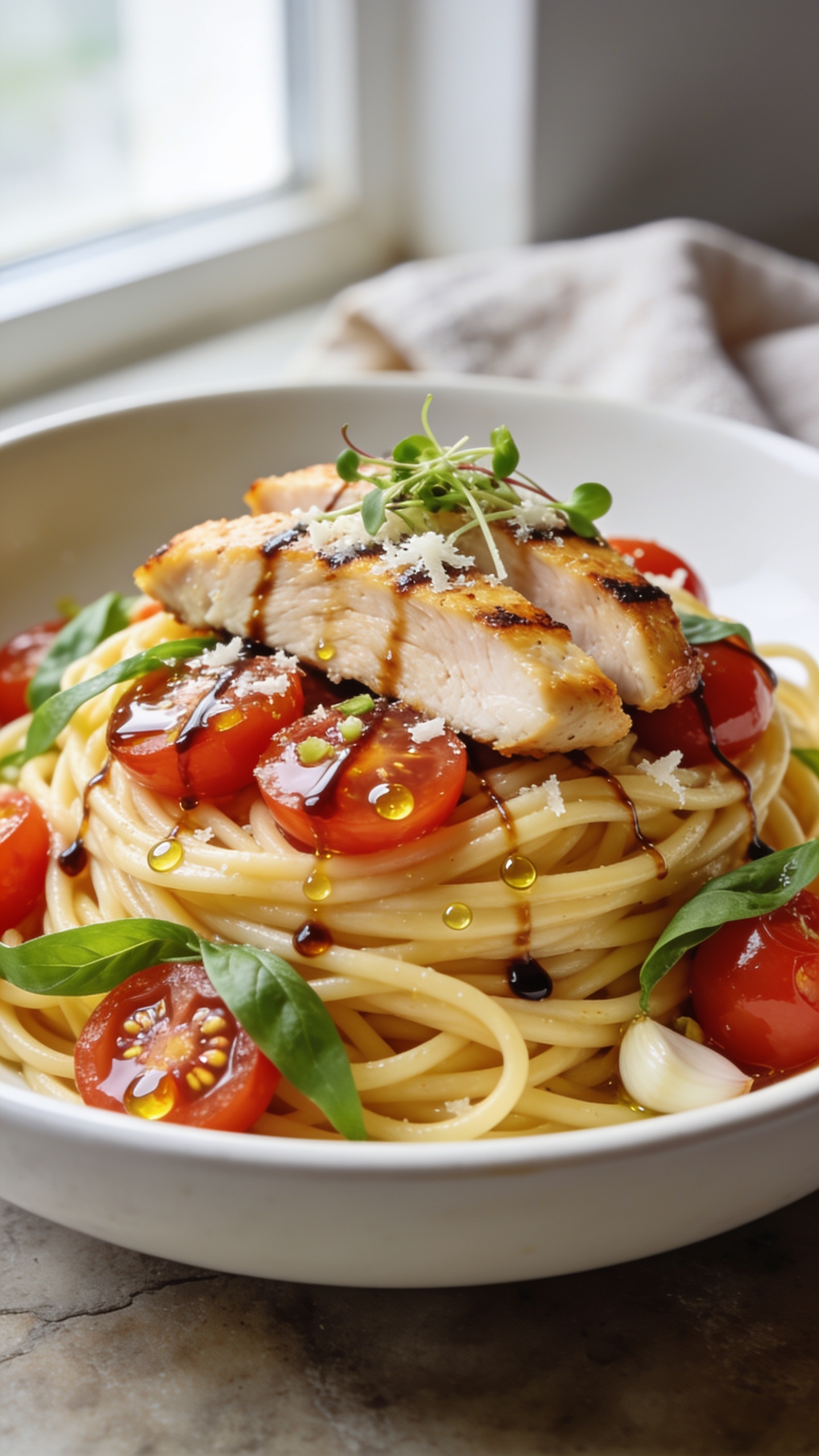 Extreme close-up hero shot of Bruschetta Chicken Pasta: al dente spaghetti twirled into loose nests, topped with golden pan-seared sliced chicken breast, glossy marinated cherry tomatoes (halved) with visible minced garlic, fresh basil ribbons, and micro-shreds of parmesan. A light balsamic glaze glistens in thin ribbons across the pasta and tomatoes, with tiny olive oil droplets catching the light. Pasta coated lightly, not saucy; chicken juicy with light char edges; tomatoes vibrant red with seeds and juices pooling. Shot in bright natural window light, shallow depth of field, 45-degree angle, white ceramic low bowl on a matte stone surface, soft linen napkin in neutral tones blurred in the background. Food fills 90–95% of frame, rich textures and vibrant colors, premium food blog styling, consistent look for all images.