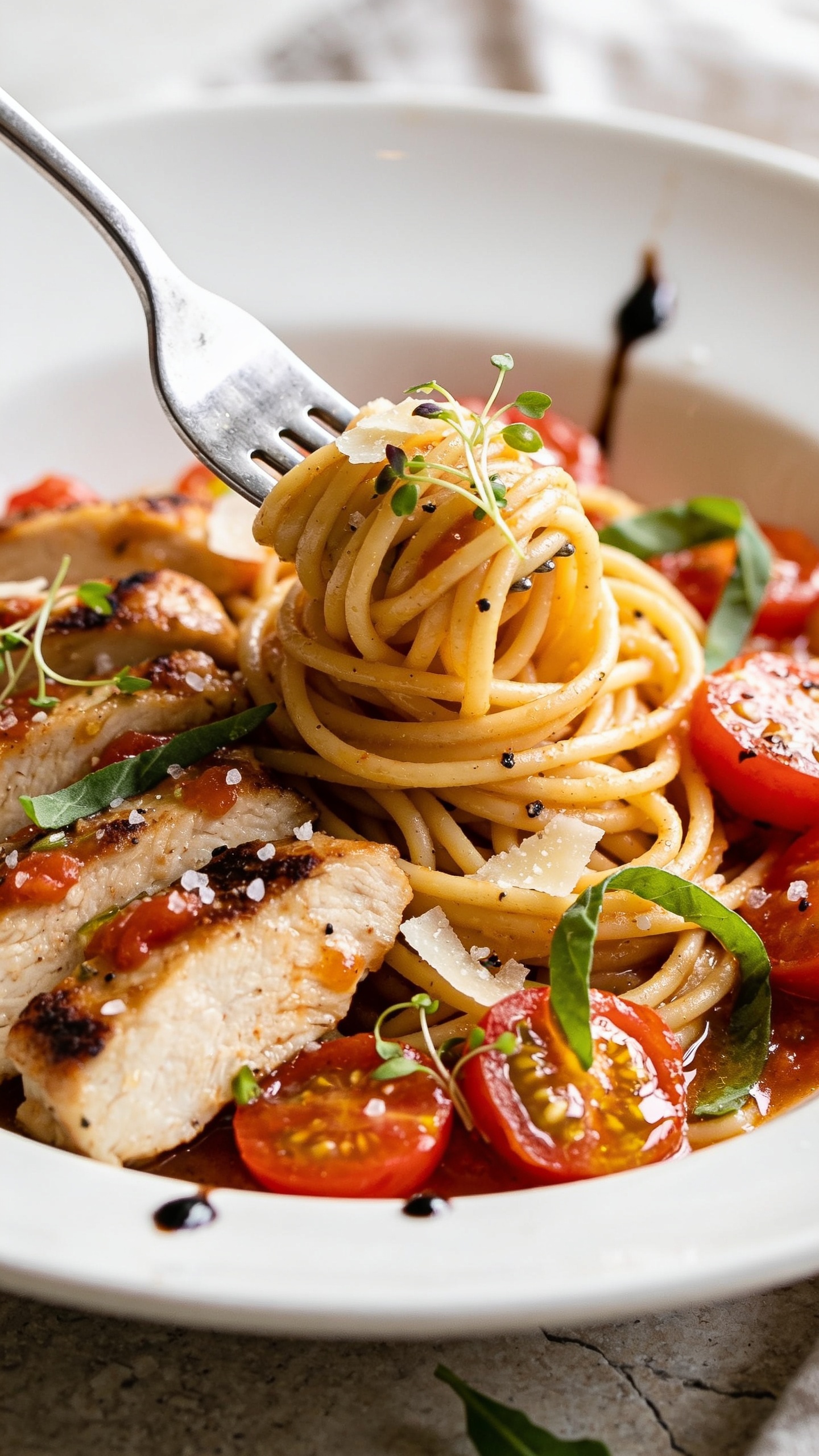 Macro close-up from a low side angle emphasizing textures: tight focus on a fork-twirled mound of spaghetti nestled against sliced, juicy chicken with crisped edges, drenched in tomato-garlic juices; marinated cherry tomatoes look bursty and slick with olive oil; fine sea salt crystals and black pepper specks visible; basil ribbons scattered, a few leaves tucked into the pasta; micro-shavings of parmesan melting slightly on contact. A few droplets of balsamic glaze dot the rim of the white bowl. Bright natural light, shallow depth of field, stone surface and neutral linen barely visible as bokeh. Food fills 90–95% of frame, same styling and composition cues as image 1 for consistency.