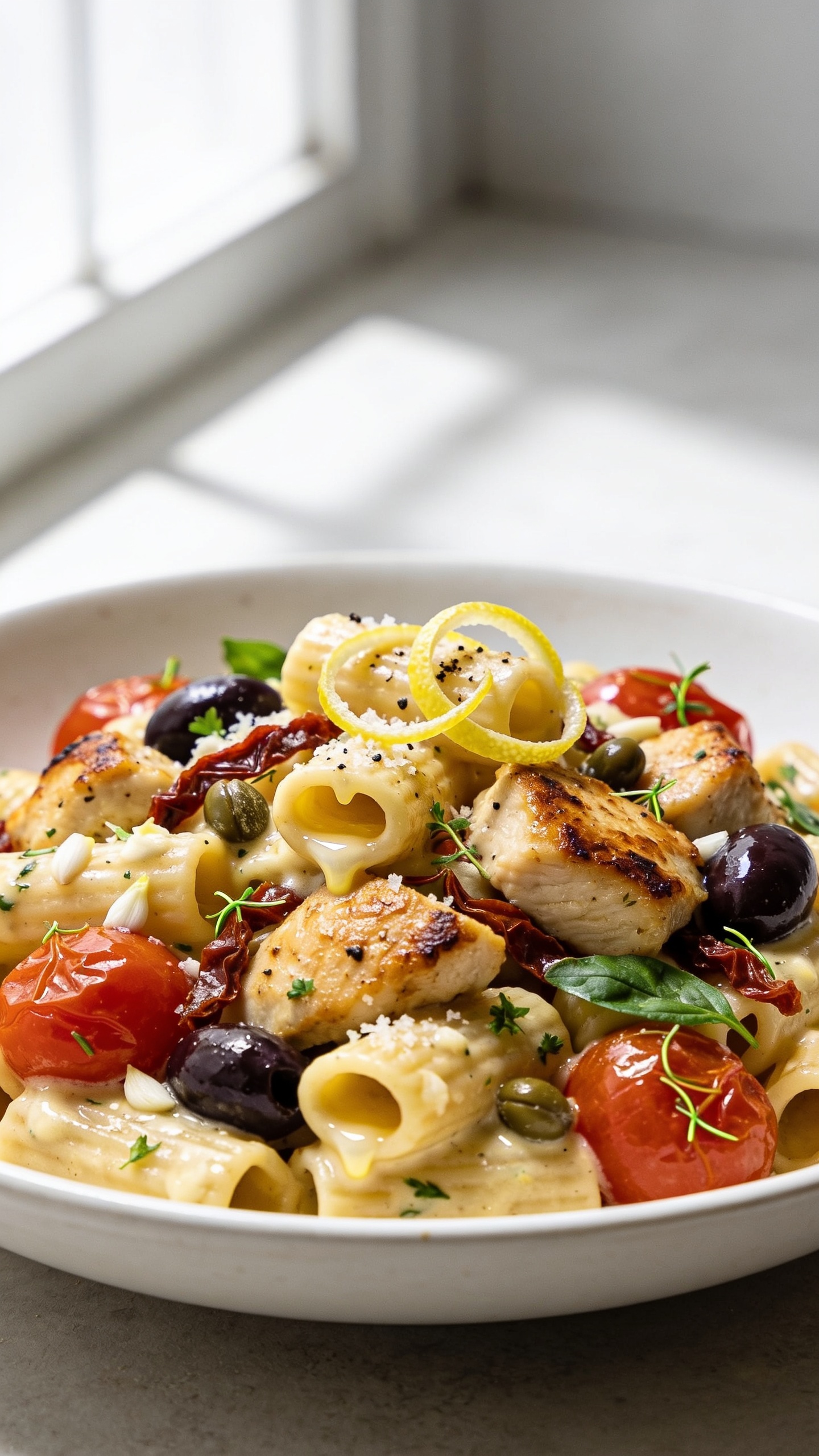 Ultra-close hero shot of Mediterranean Chicken Pasta twirled on a shallow white ceramic plate, filling 90â95% of the frame. Al dente short pasta (rigatoni) coated in a glossy creamy-tangy sauce with lemon zest, garlic, and oregano; golden seared chicken bites with caramelized edges; halved cherry tomatoes bursting and slightly wrinkled; glossy kalamata olive slices; briny capers; ribbons of sun-dried tomatoes; flecks of parsley and basil; faint micro-gratings of parmesan melting into the sauce. Bright natural window light from the left, soft shadows, shallow depth of field isolating the front third of the plate; visible silky sheen on the sauce clinging to pasta tubes; a couple of lemon zest curls and cracked black pepper on top. Premium food-blog styling, no text or hands, same finished recipe.