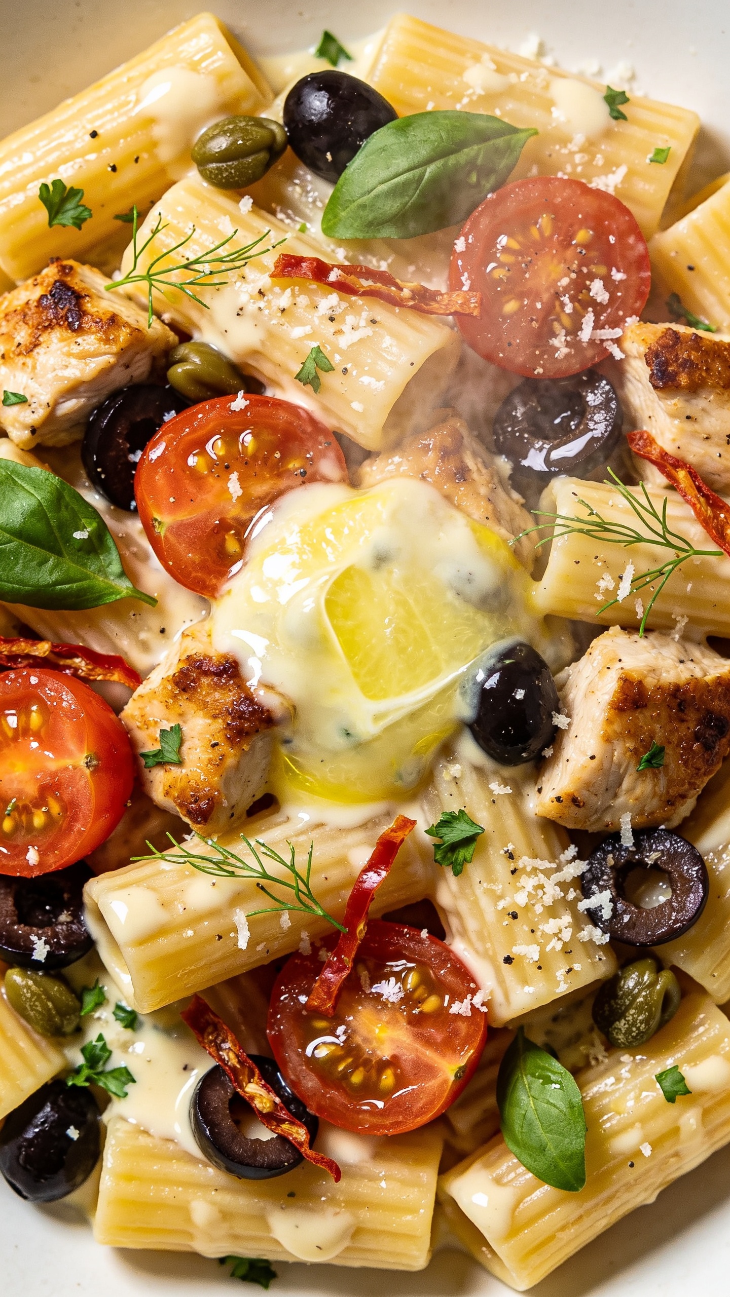 Macro overhead-angled close-up of the same Mediterranean Chicken Pasta emphasizing textures: rigatoni packed tight and coated in a glossy cream-lemon sauce pooling lightly in ridges; browned chicken chunks with crispy edges; juicy cherry tomatoes with seeds glistening; sliced kalamata olives and capers scattered; thin strips of sun-dried tomatoes; fresh basil and parsley sprinkled; micro-grated parmesan melting into hot spots with a light pepper dusting. Bright natural light, shallow depth of field focusing on a saucy cluster at center, slight backlight catching the sheen and steam wisps; food dominates 90â95% of the frame, clean minimal background, premium food-blog styling.