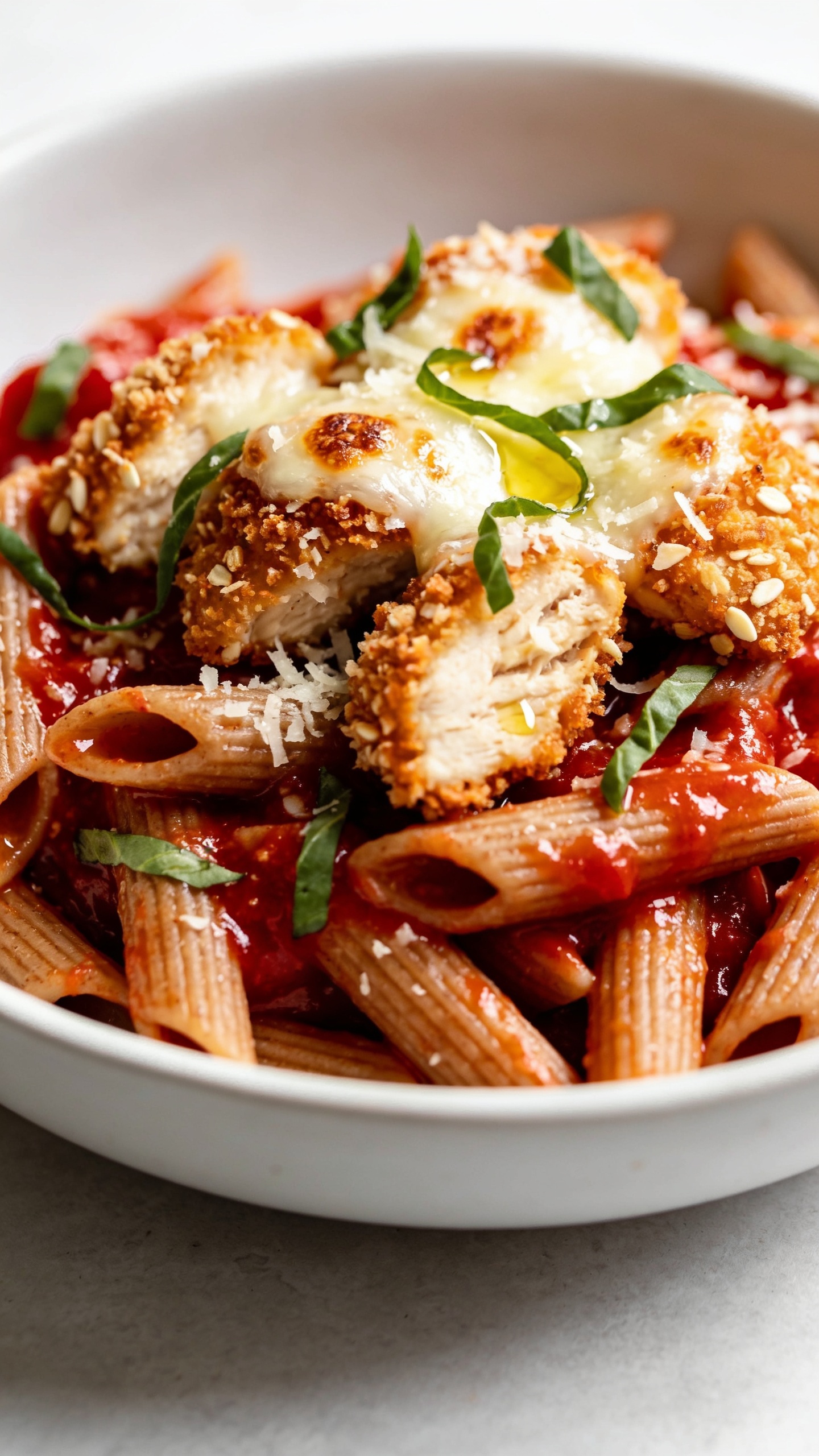Ultra-close hero shot of Healthy Chicken Parmesan Pasta: al dente whole-wheat penne tossed in glossy, bright red marinara, topped with bite-size pieces of baked, panko-and-almond-flour “crispy” chicken, golden and craggy at the edges; a bubbly, lightly broiled mozzarella-parmesan cap melted over the chicken and pasta with subtle browned blisters; finely grated Parmesan and fresh basil ribbons scattered on top; a light drizzle of extra-virgin olive oil adding sheen; set in a white, shallow bowl with food filling 90–95% of the frame; bright natural side lighting, shallow depth of field, crisp textures, vibrant reds and greens, premium food-blog styling, no text.