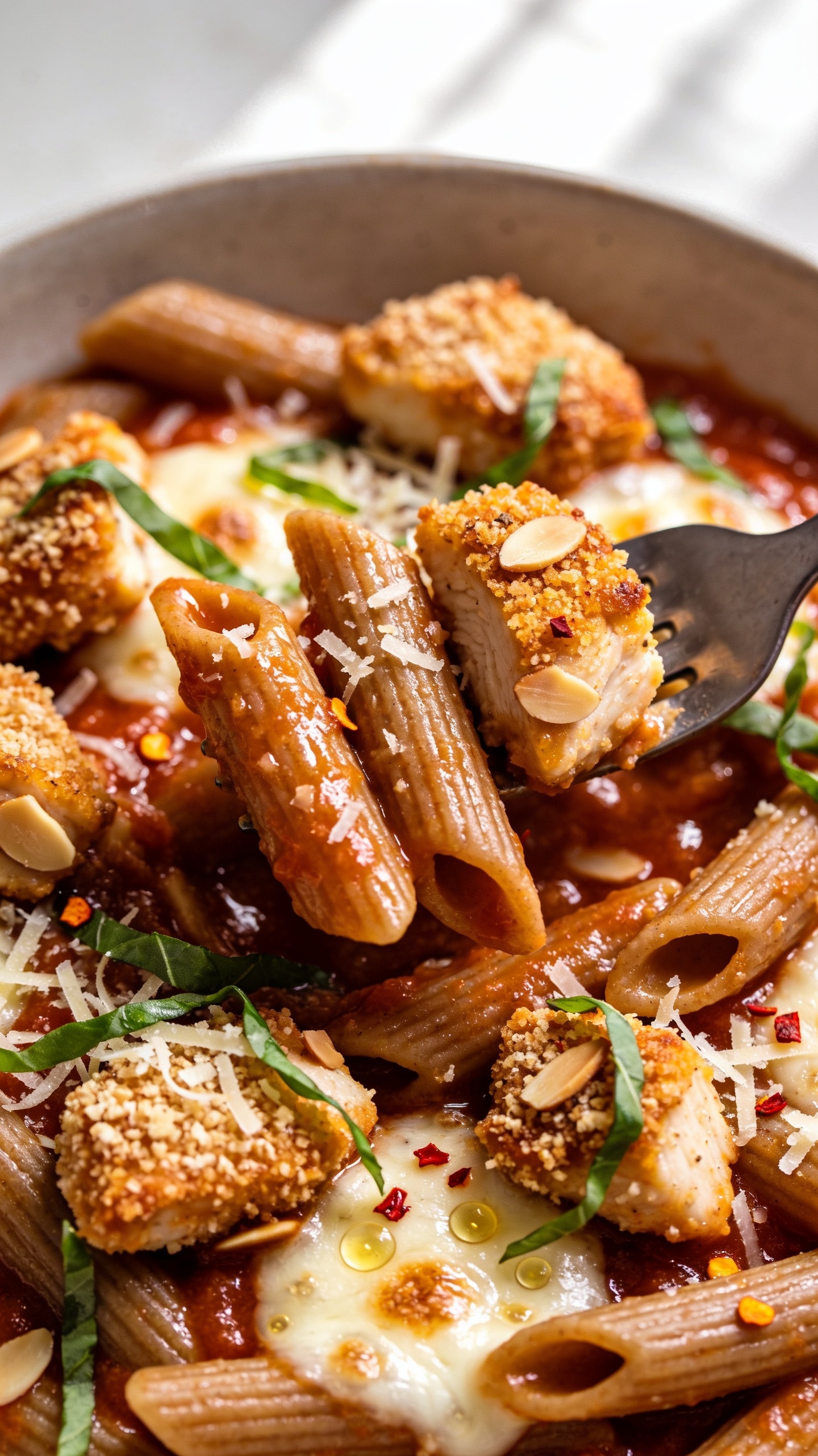 Tight macro angle from slightly overhead and to the side: fork-tossed whole-wheat penne gleaming with marinara, studded with juicy chunks of baked, panko-almond crusted chicken showing crisp, golden edges; pockets of melted mozzarella with light browning and tiny oil bubbles; shower of micro-grated Parmesan and fresh basil ribbons for contrast; a few crushed red pepper flakes for pop; bright natural window light, shallow depth of field isolating a richly sauced section, food dominating 90–95% of frame, cohesive with the hero image, no text.