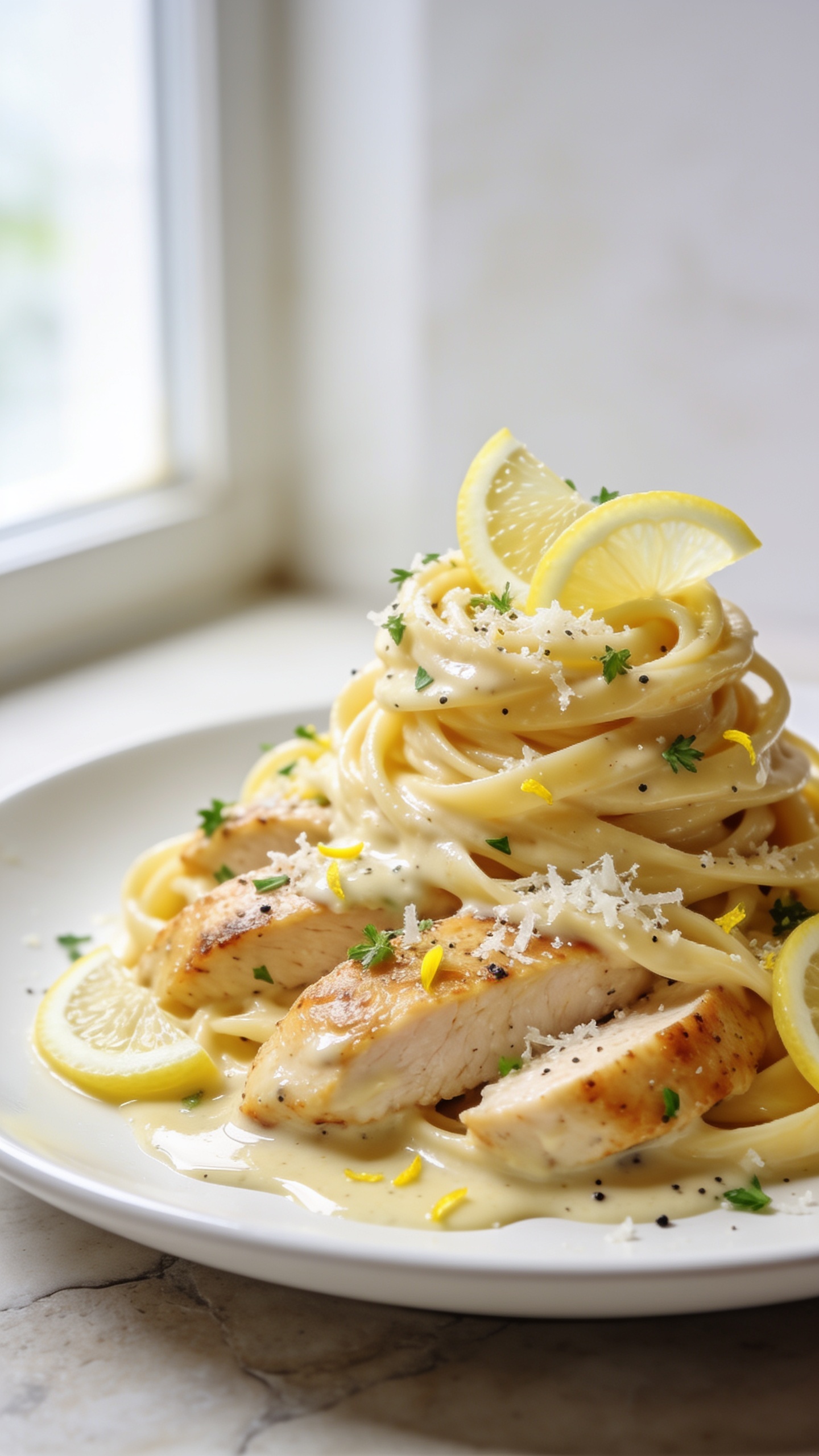 Ultra close-up hero shot of Creamy Lemon Parmesan Chicken Pasta: glossy fettuccine swirled into a high, twirlable nest, coated in a silky pale-gold lemon-Parmesan cream sauce; slices of juicy golden-seared chicken breast tucked among the pasta; micro-grated Parmesan melting into the sauce, tiny lemon zest flecks shimmering, and a few thin half-moons of fresh lemon as garnish; sprinkled with finely chopped parsley and a twist of black pepper; glistening sauce pooling lightly at the base; bright natural window light from the side, shallow depth of field that blurs the far edge of the plate; matte white plate on a light stone surface; food fills 90â95% of frame, premium food-blog styling, rich textures, no text.